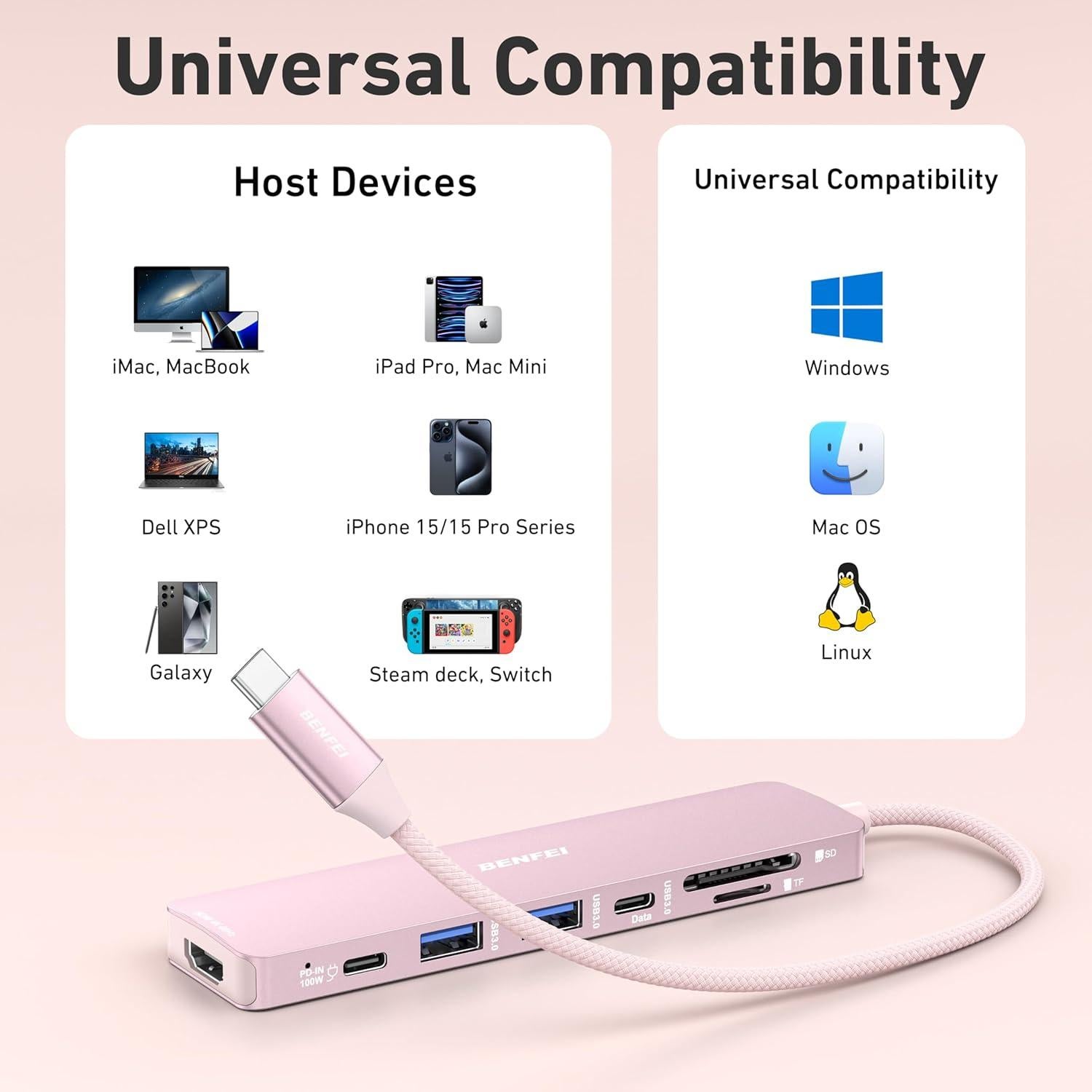 Hub USB-C 7-en-1 BENFEI HDMI 4K 100W Carga Rosa