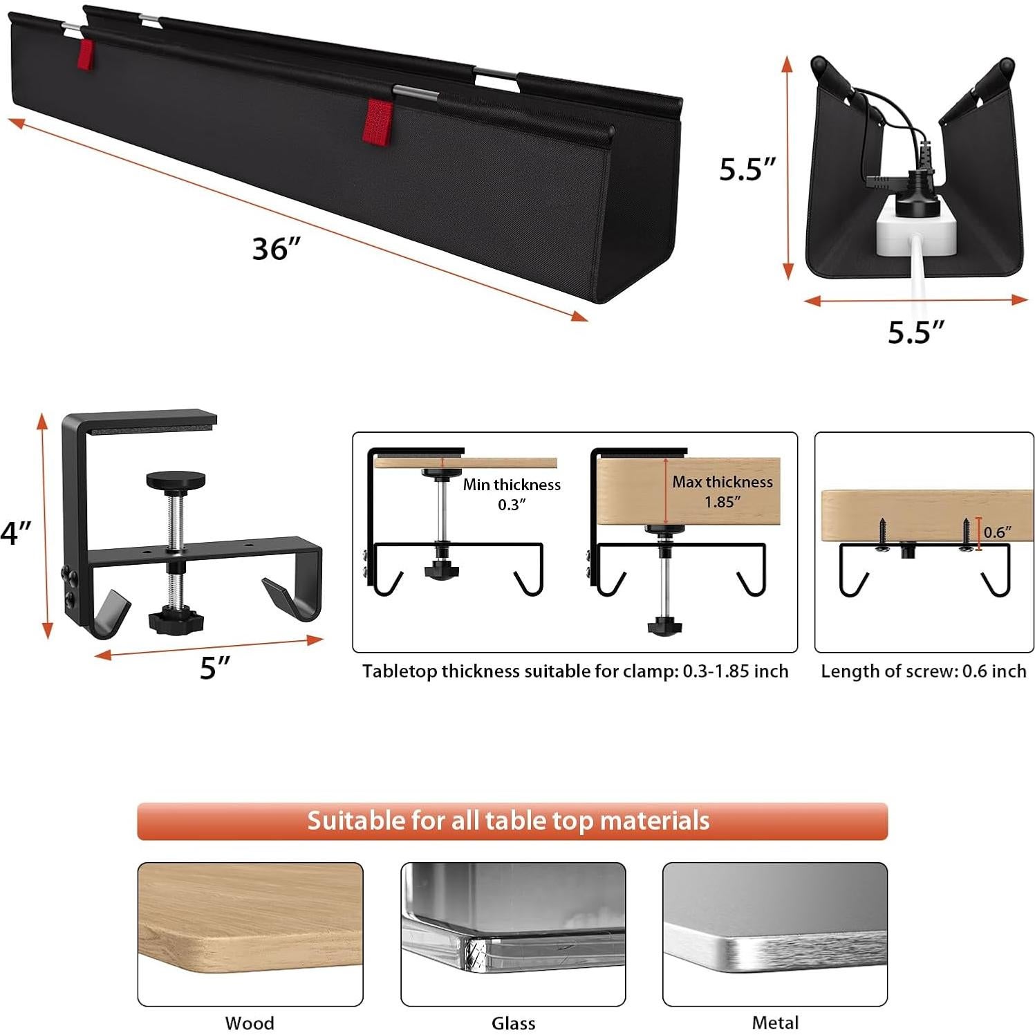 Bandeja de gestión de cables Univivi 91.44 cm negra para escritorio