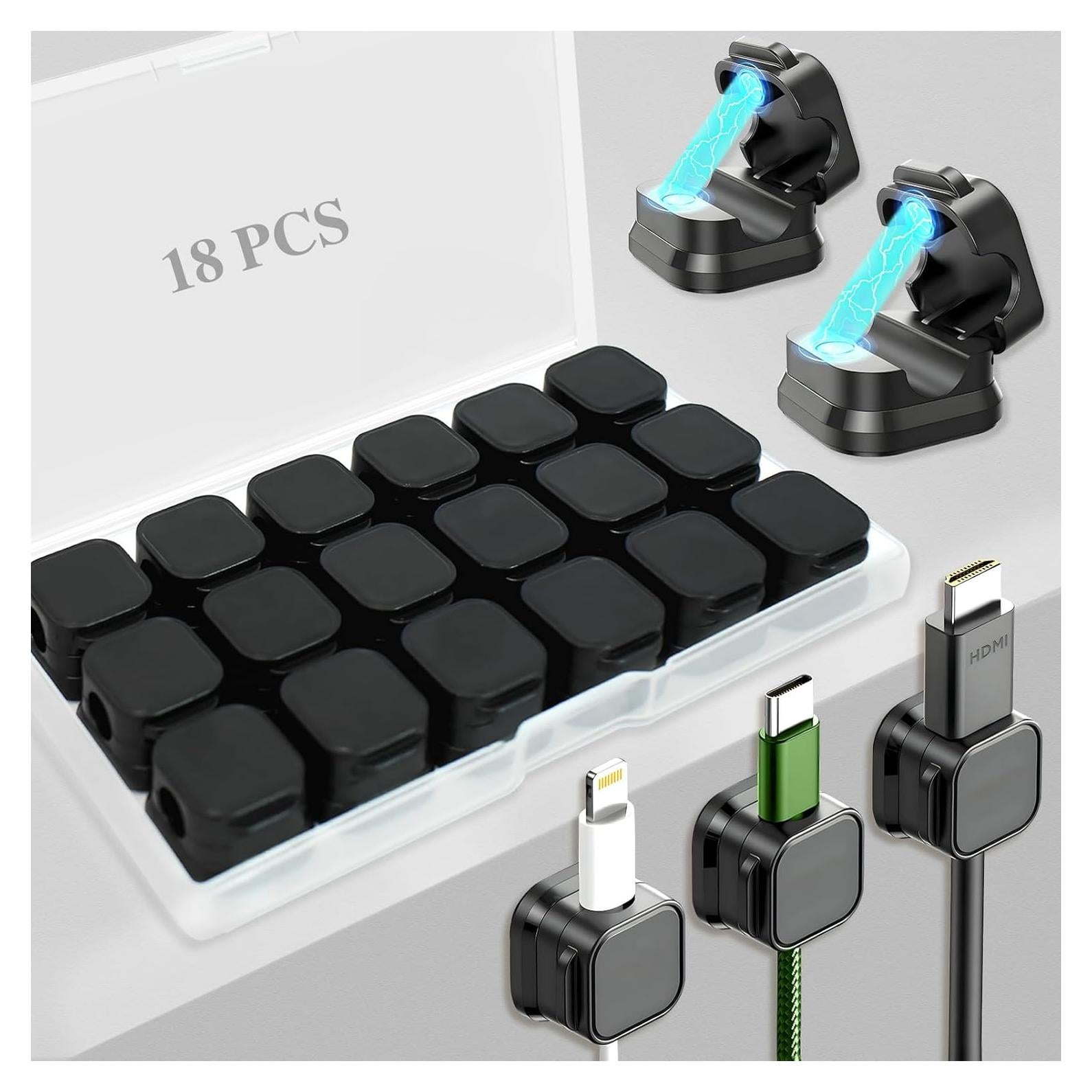 Paquete de 18 Clips Magnéticos para Organización de Cables - Negro