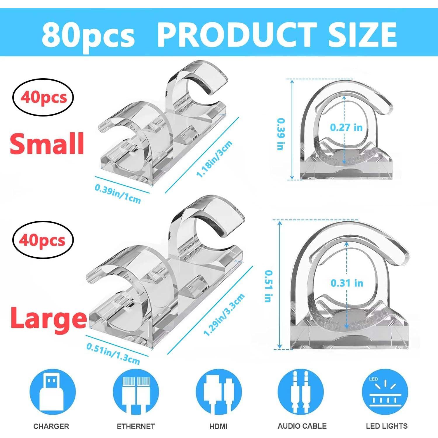 80 Clips Adhesivos para Cables JinRui-T, 40 Pequeños y 40 Grandes