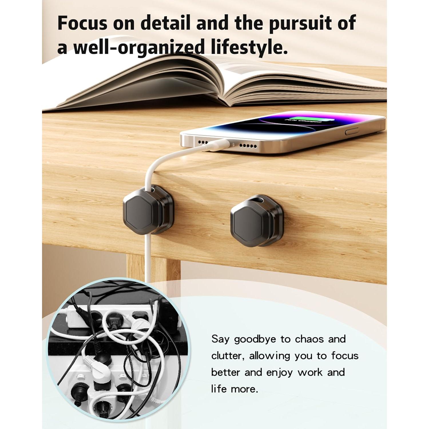 6 Clips Magnéticos para Cables Cuworlis - Organizador Negro