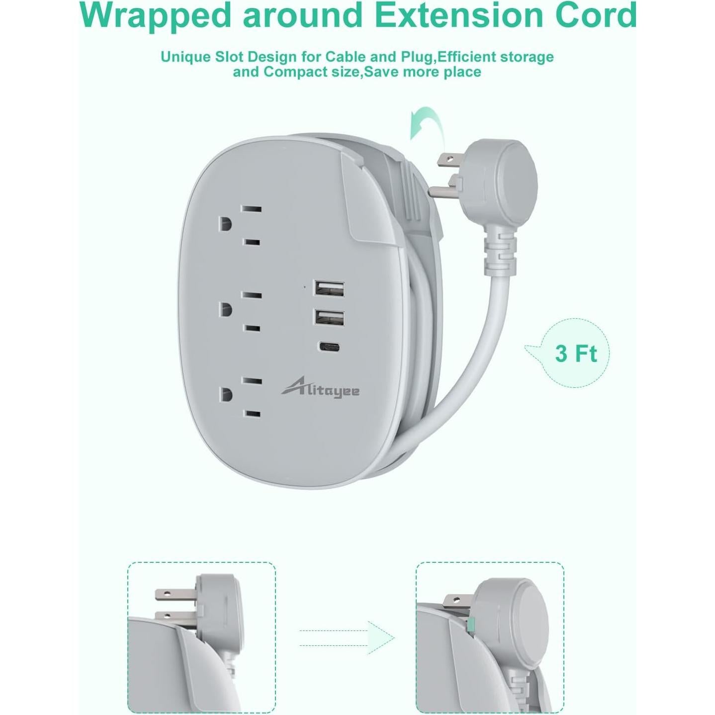 Regleta de Viaje USB Alitayee 3 Salidas 3 Puertos Carga Rápida