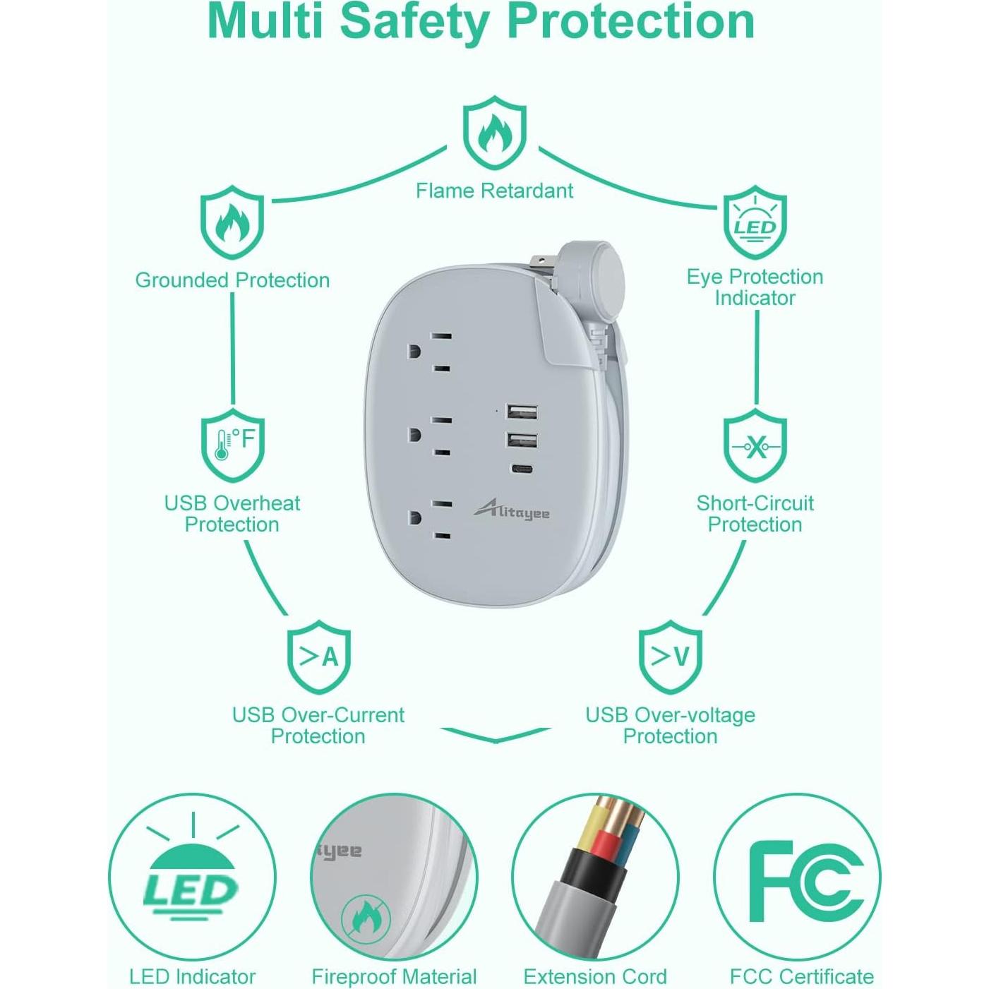 Regleta de Viaje USB Alitayee 3 Salidas 3 Puertos Carga Rápida