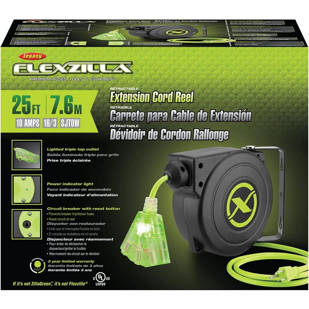 Carrete de Extensión Retráctil Flexzilla 7.62 m 16/3 AWG ZillaVerde