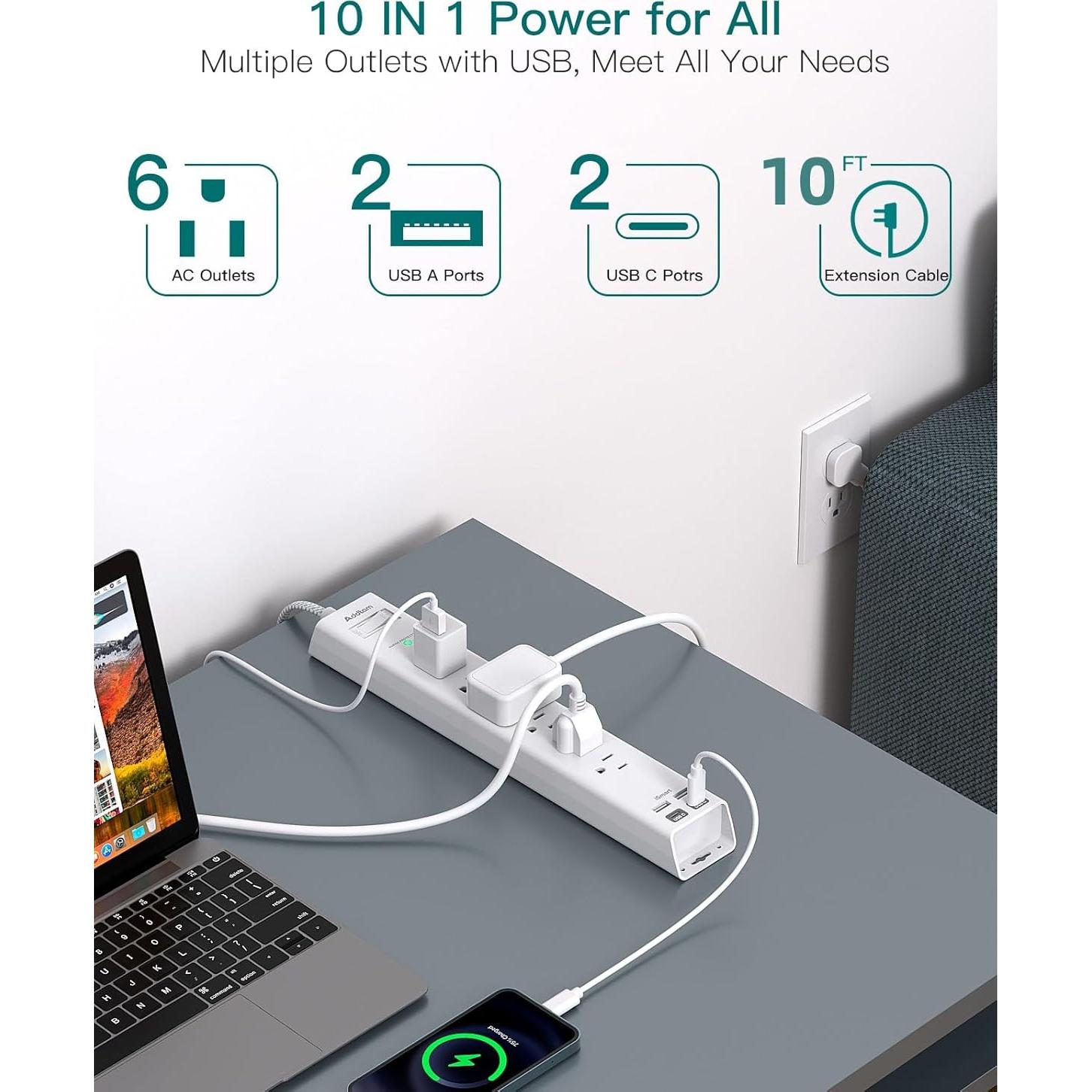 Tira de Alimentación 3 m Addtam con 6 Salidas y 4 USB