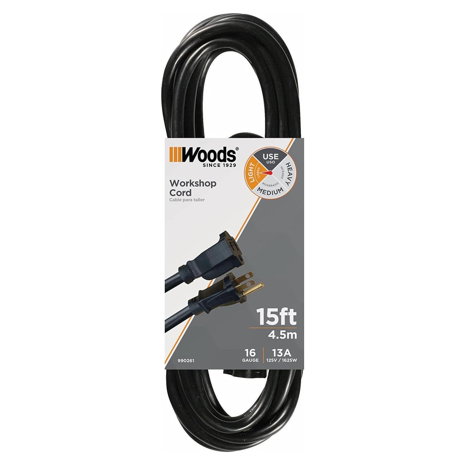 Cable de Extensión Woods 4.57m Negro 16/3 SJTW para Exterior
