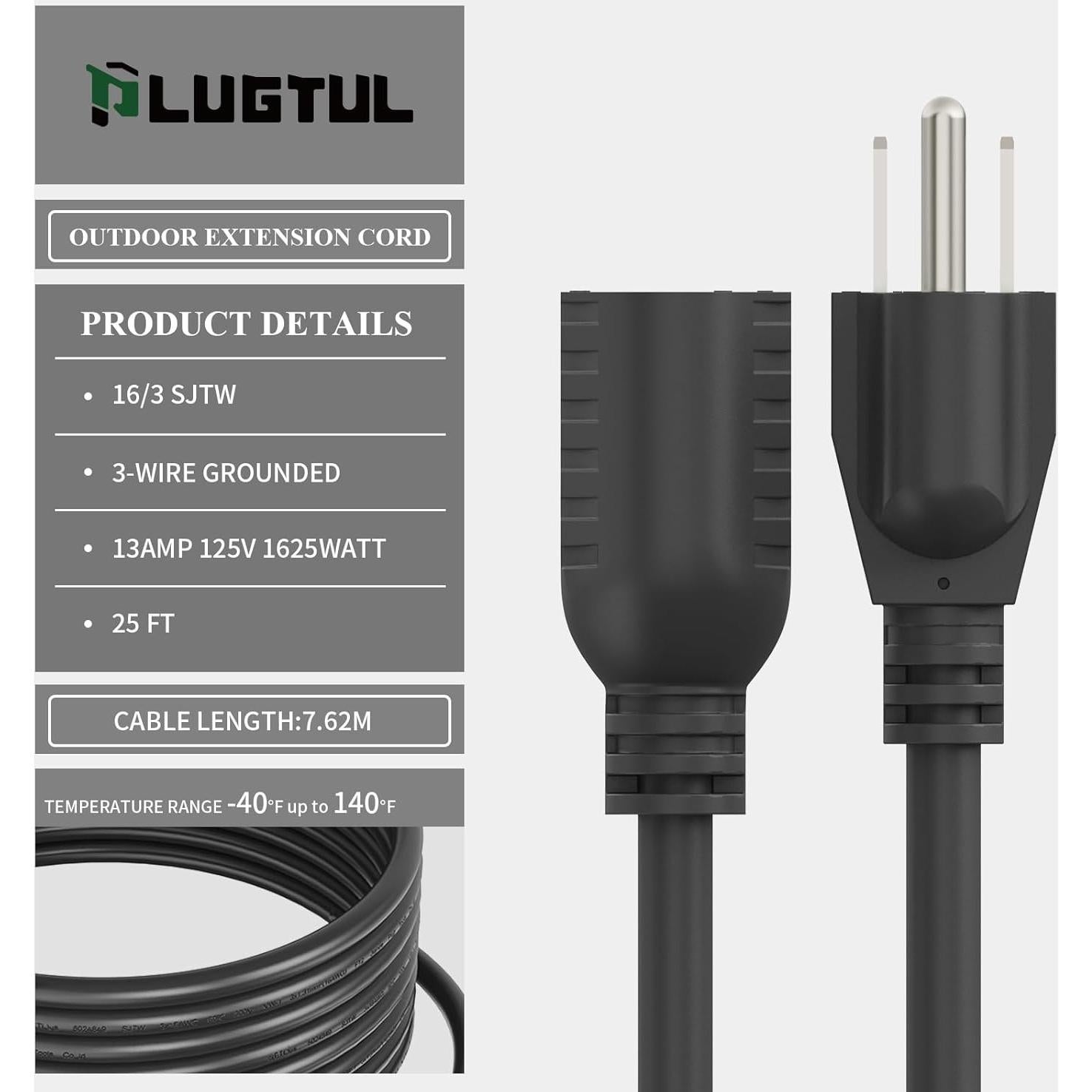Cable de Extensión Exterior 7.62m PLUGTUL 16/3 A Prueba de Agua