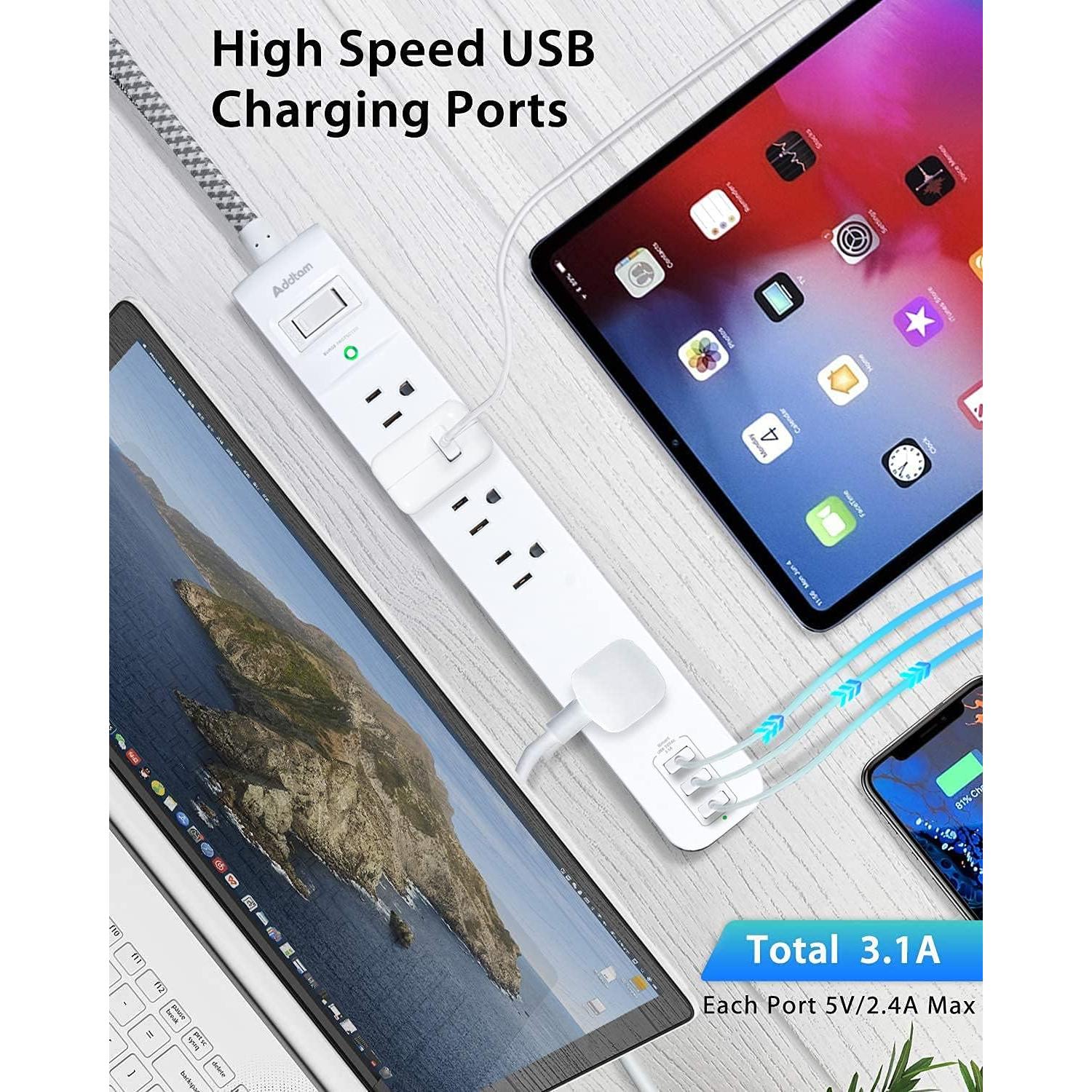 Regleta de Sobretensión Addtam 5 Salidas AC 3 USB 1.5m