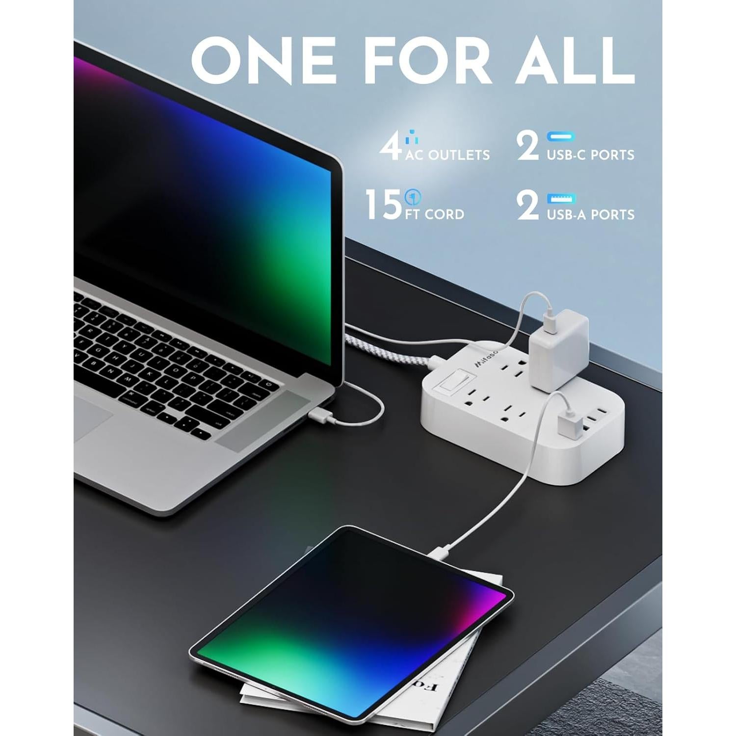 Regleta de Extensión MIFASOPOWER 15 pies con USB C y 4 Salidas