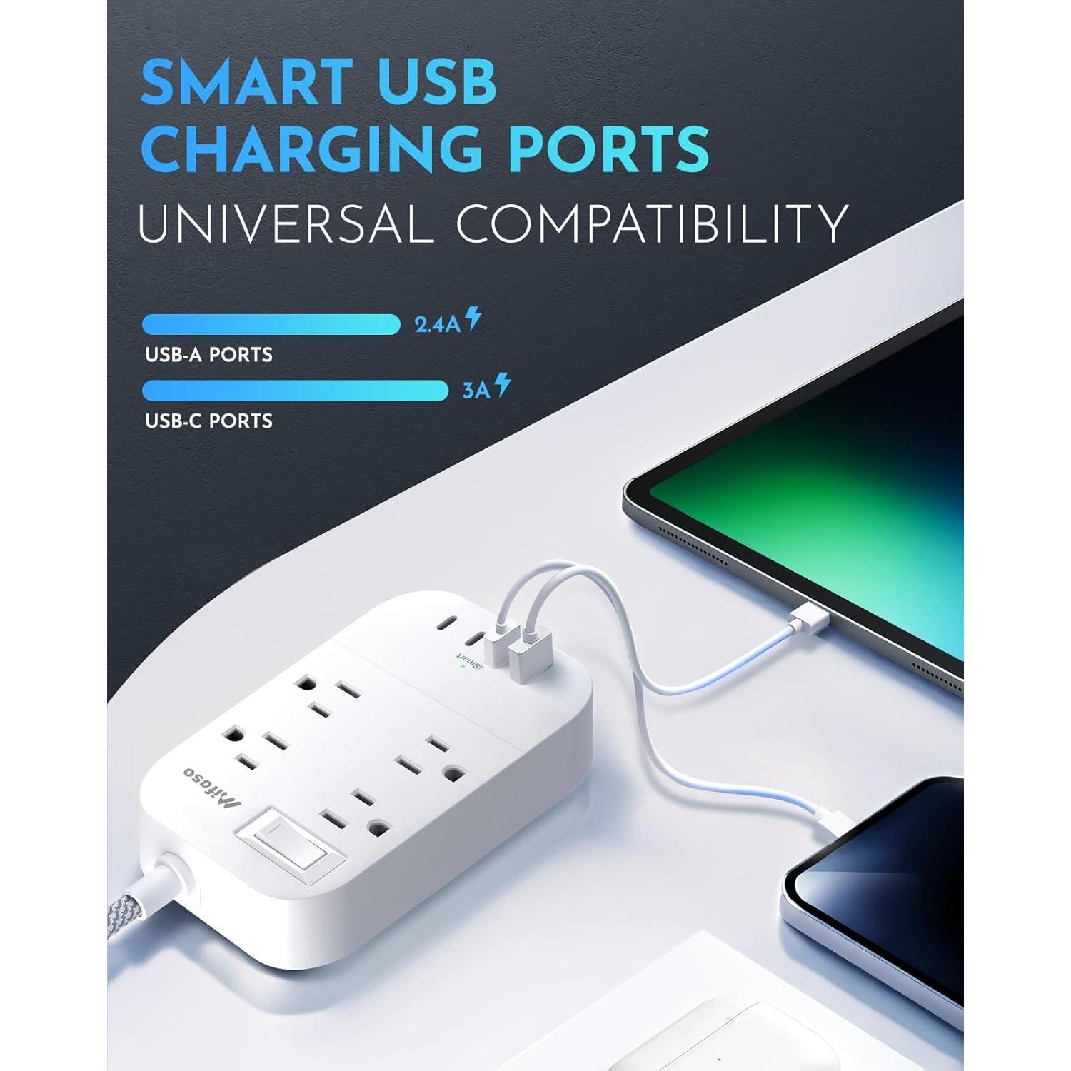 Regleta de Extensión MIFASOPOWER 15 pies con USB C y 4 Salidas