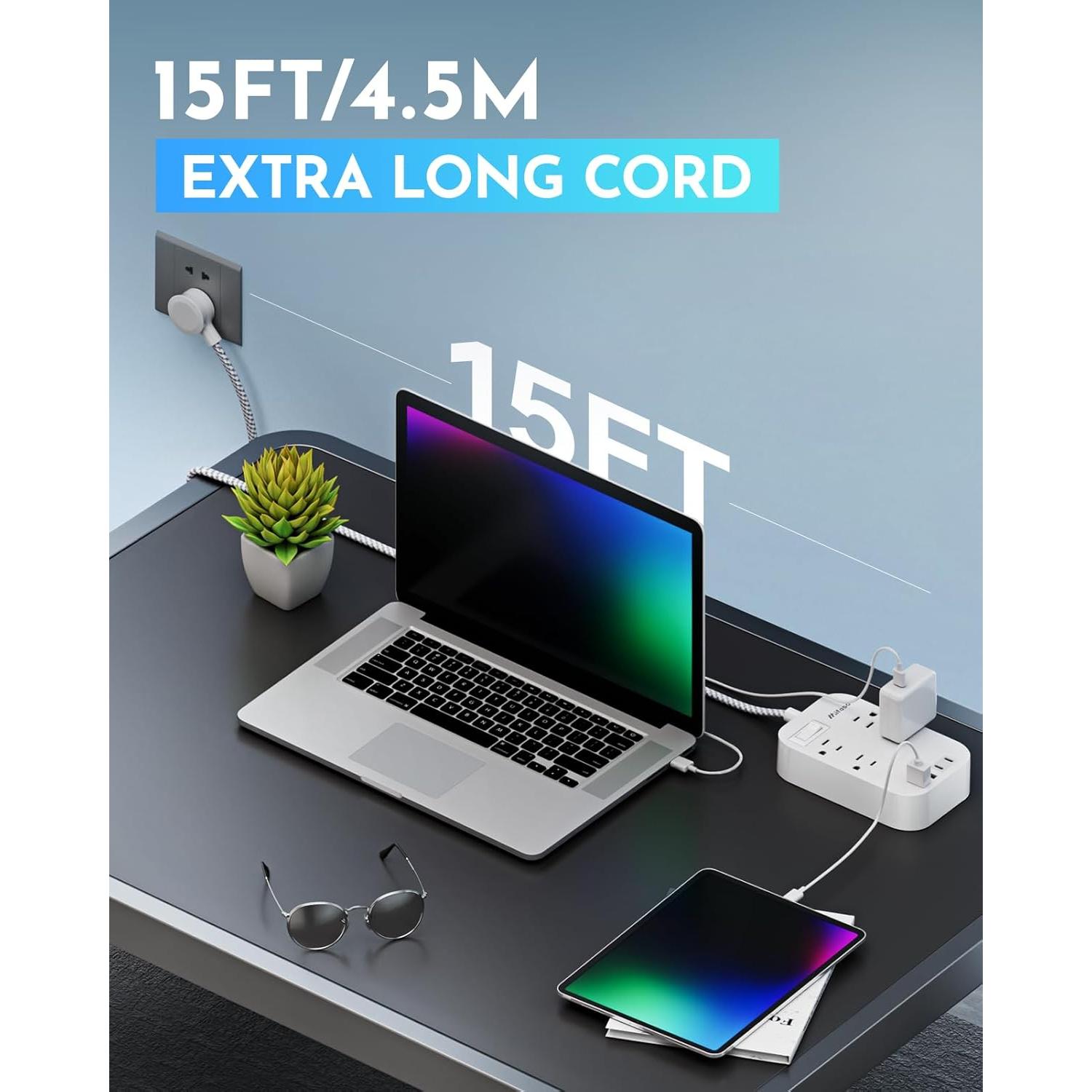 Regleta de Extensión MIFASOPOWER 15 pies con USB C y 4 Salidas