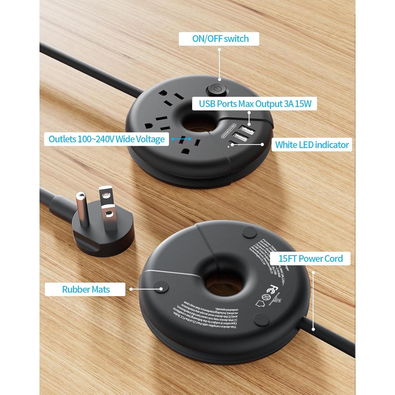 Regleta de Enchufes NTONPOWER 15FT con 3 Salidas y USB