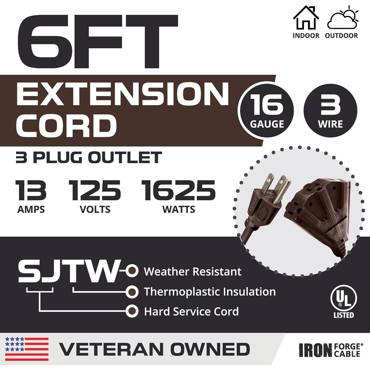Cable de Extensión Exterior Marrón 6FT Iron Forge 3 Salidas 16AWG