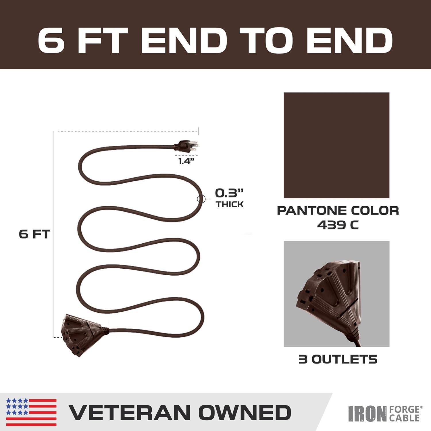 Cable de Extensión Exterior Marrón 6FT Iron Forge 3 Salidas 16AWG