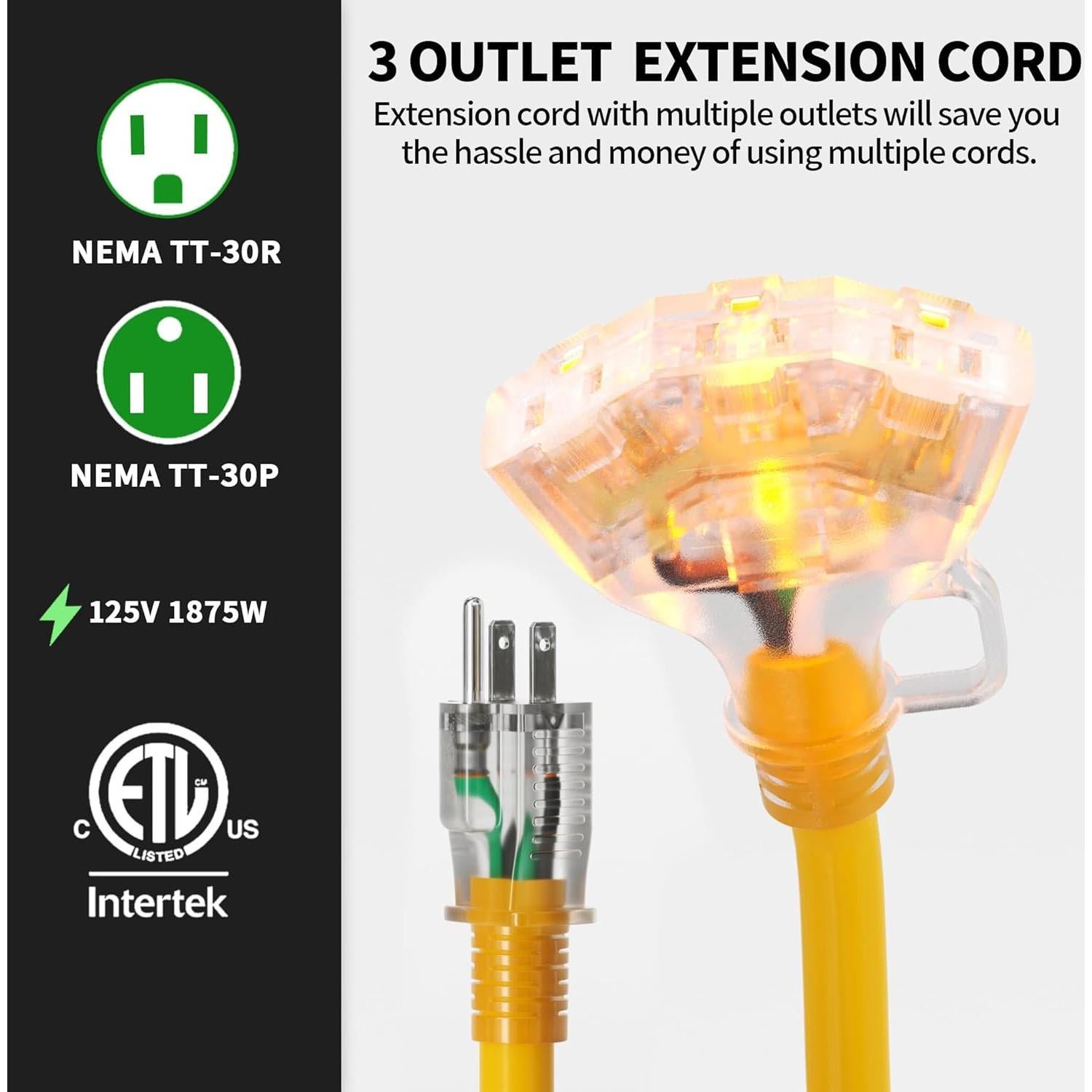 Cable de Extensión 12/3 POWGRN Amarillo 1 Pie 3 Salidas