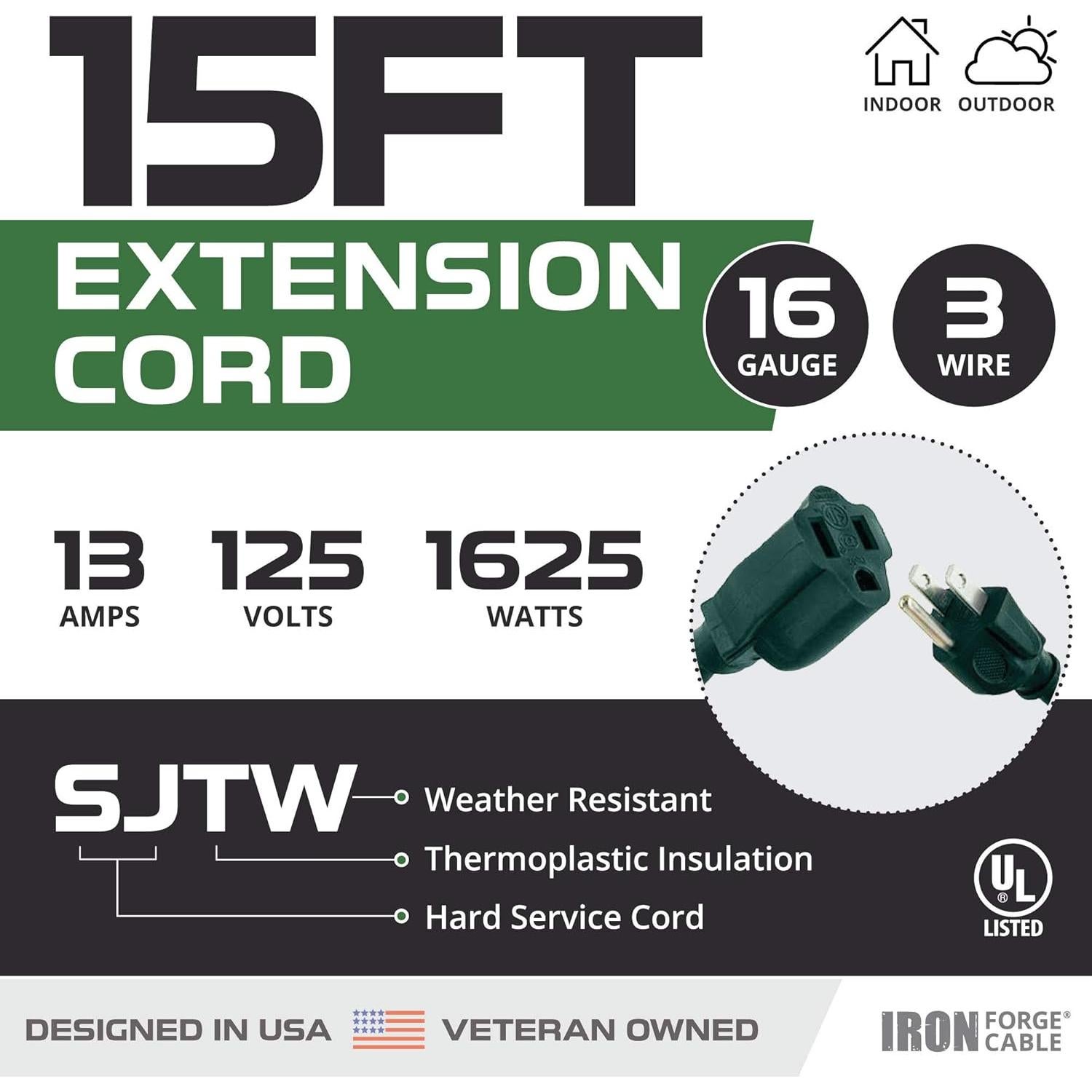 Cable de Extensión Exterior Iron Forge 15 Pies Verde 16/3