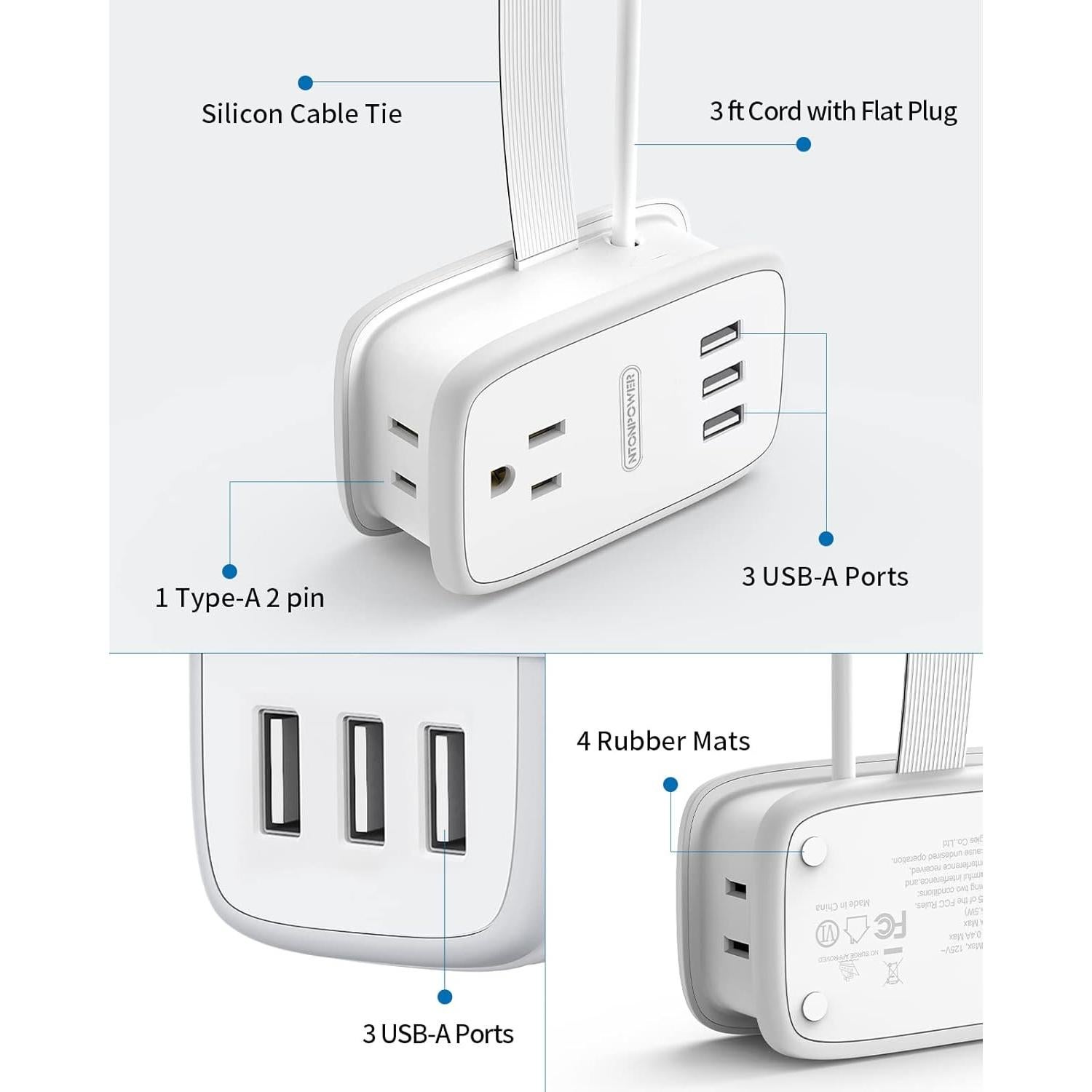 Regleta de Viaje NTONPOWER 2 Salidas 3 USB 3FT Compacta