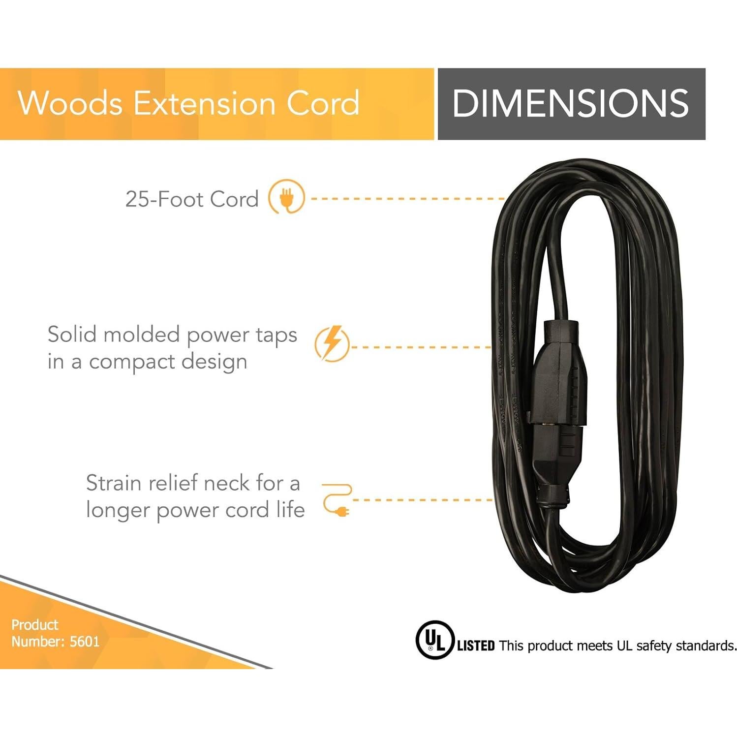Cuerda de Extensión Woods 5601 7.62 m 16 AWG Negra