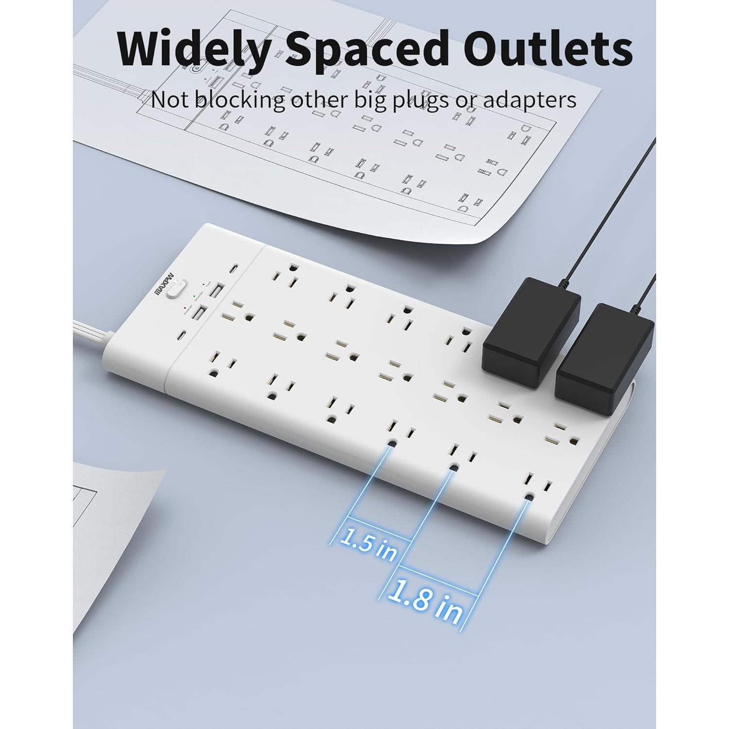 Regleta de Protección Maxpw 19 Salidas 4 USB 6.5 Pies Blanca