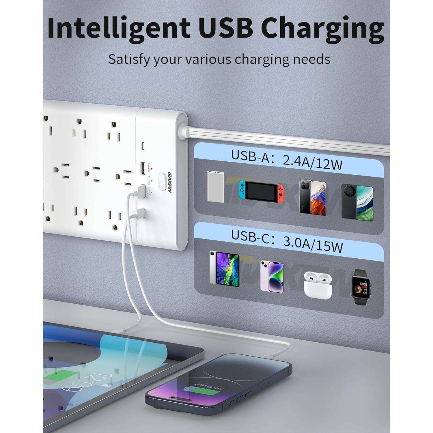 Regleta de Protección Maxpw 19 Salidas 4 USB 6.5 Pies Blanca