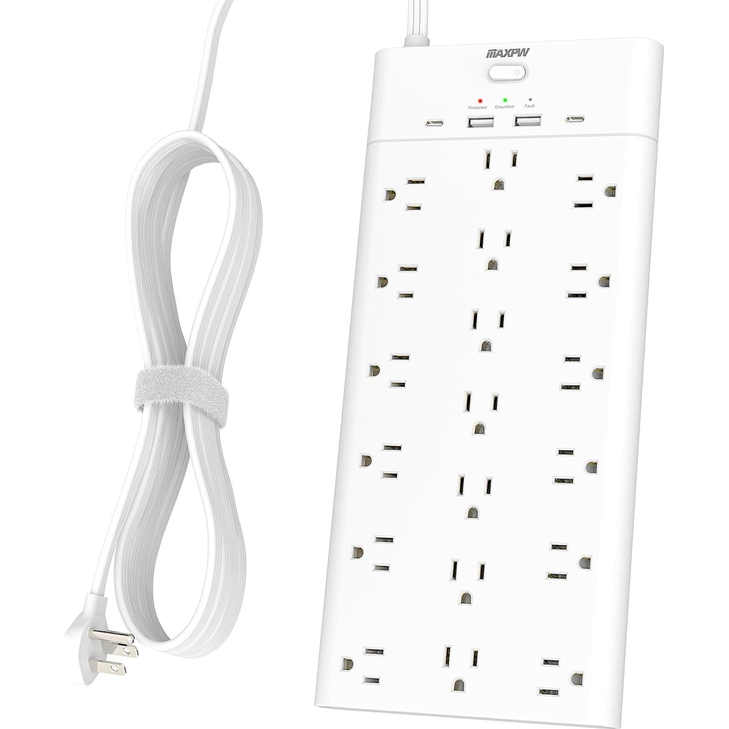 Regleta de Protección Maxpw 19 Salidas 4 USB 6.5 Pies Blanca