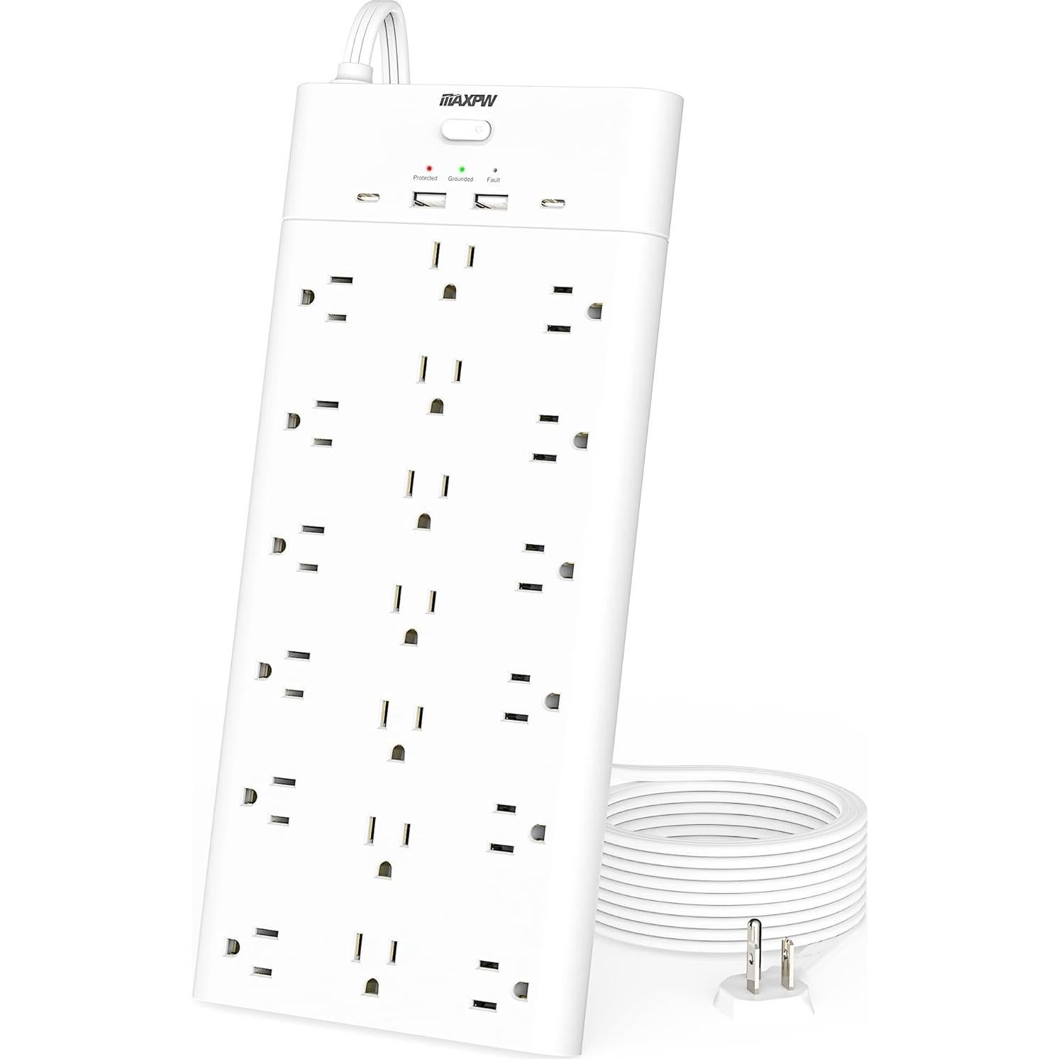 Regleta de Protección Maxpw 19 Salidas 4 USB 6.5 Pies Blanca