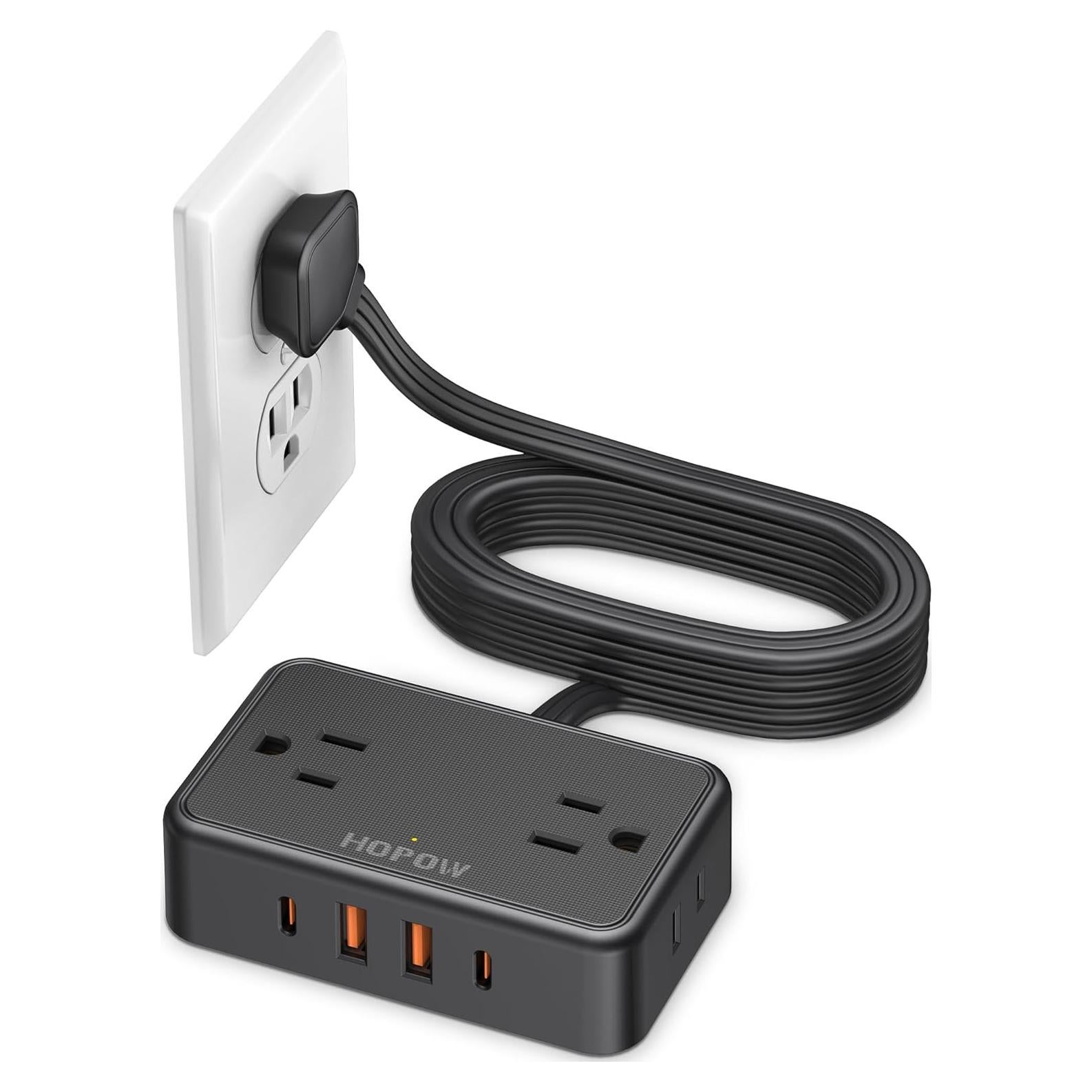 Flat Plug Extension Cord, 6 Ft Ultra Thin Power Strip, 4 AC Wide Spaced outlets and 4 USB (2 USB-C) Ports, No Surge Protector for Cruise Ship, Travel, Dorm Room Essentials (Black)