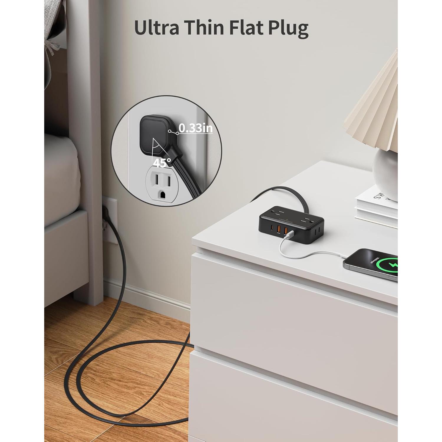 Flat Plug Extension Cord, 6 Ft Ultra Thin Power Strip, 4 AC Wide Spaced outlets and 4 USB (2 USB-C) Ports, No Surge Protector for Cruise Ship, Travel, Dorm Room Essentials (Black)