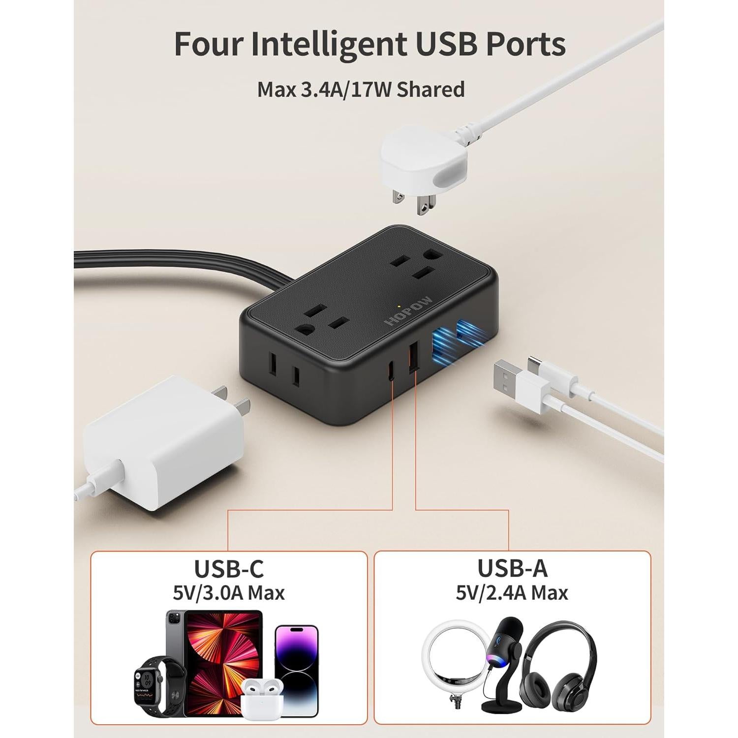 Flat Plug Extension Cord, 6 Ft Ultra Thin Power Strip, 4 AC Wide Spaced outlets and 4 USB (2 USB-C) Ports, No Surge Protector for Cruise Ship, Travel, Dorm Room Essentials (Black)