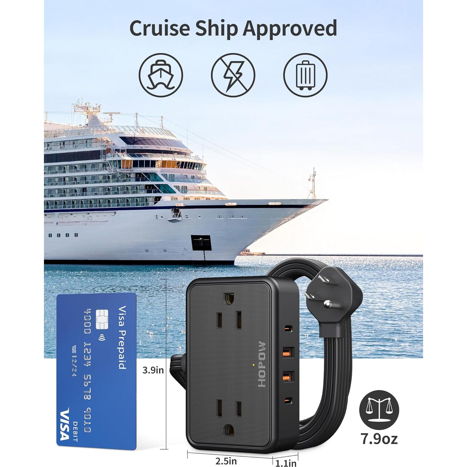Flat Plug Extension Cord, 6 Ft Ultra Thin Power Strip, 4 AC Wide Spaced outlets and 4 USB (2 USB-C) Ports, No Surge Protector for Cruise Ship, Travel, Dorm Room Essentials (Black)