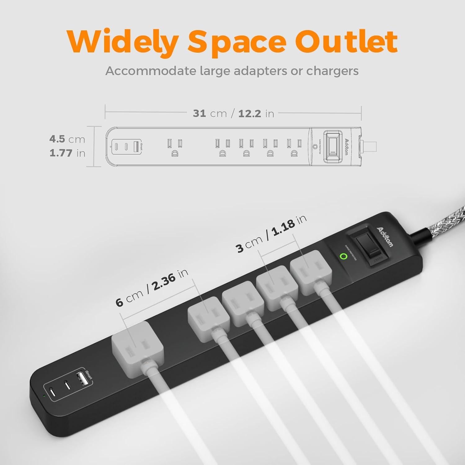Regleta de Sobretensión Addtam 5 Salidas 3 USB 1.8m 1875W