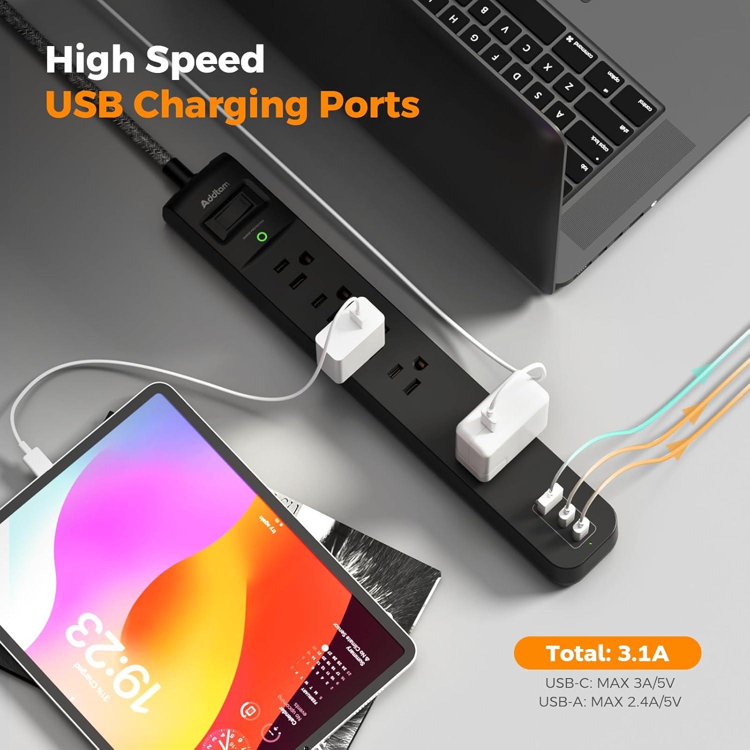 Regleta de Sobretensión Addtam 5 Salidas 3 USB 1.8m 1875W