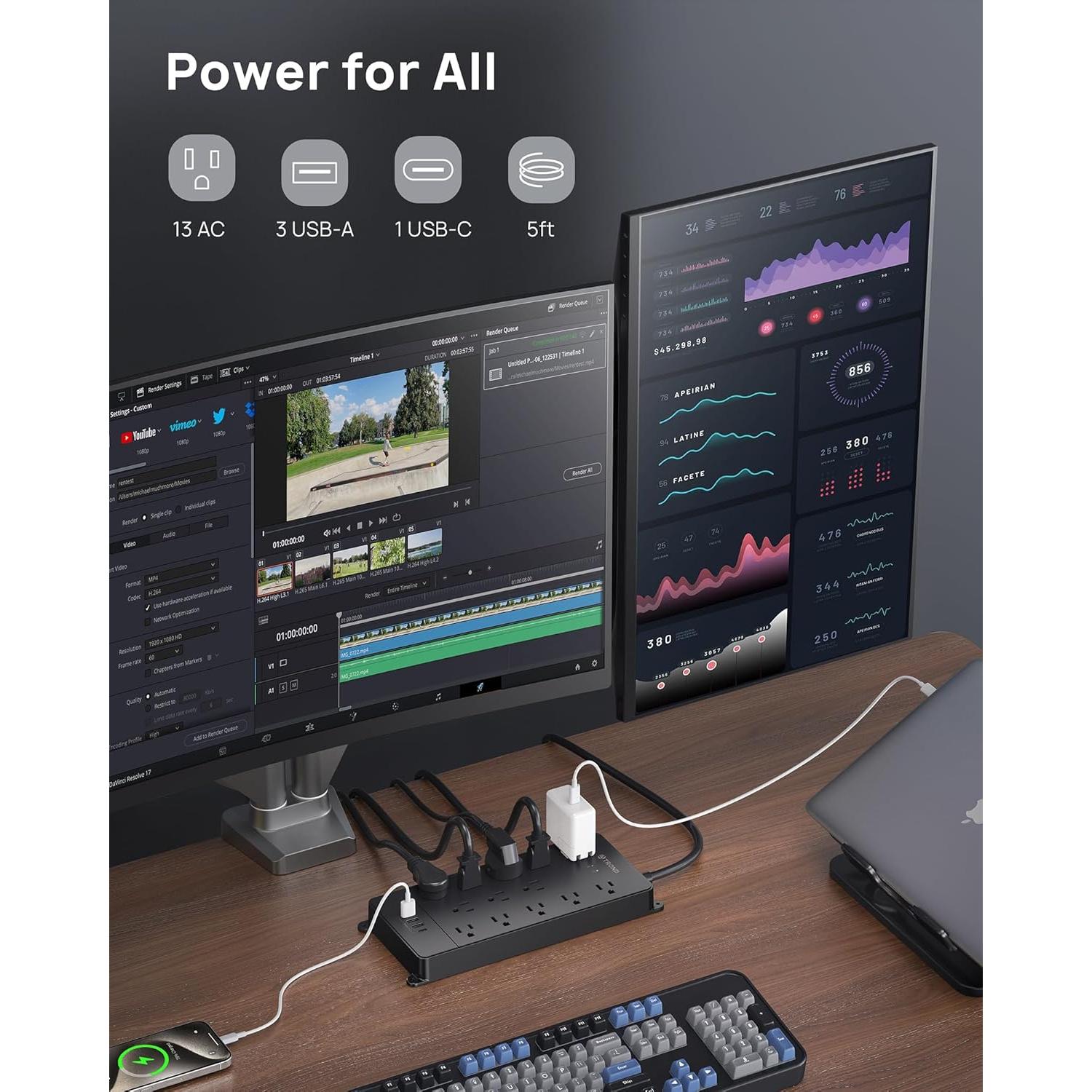 Regleta TROND 13 Salidas AC y 4 USB, 4000 Julios, 1.5m