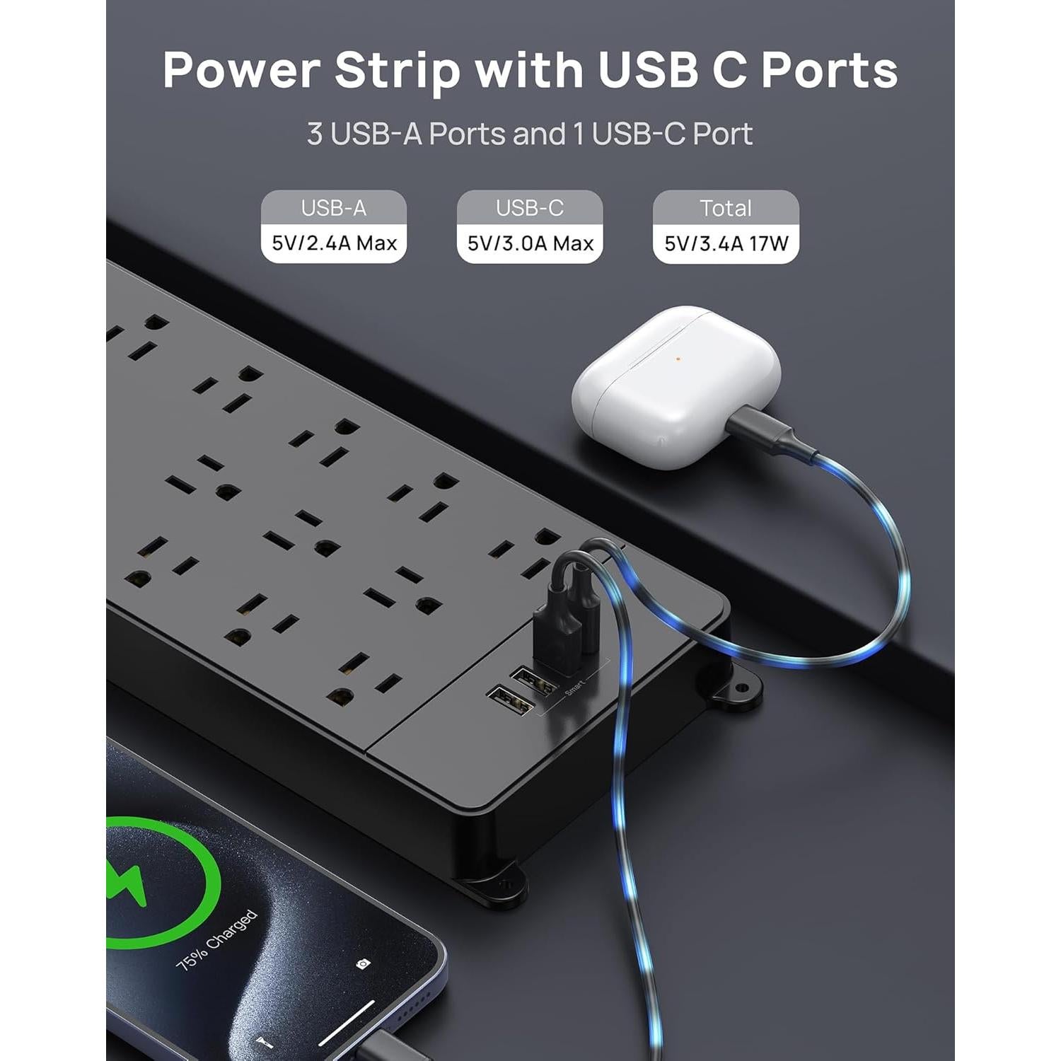 Regleta TROND 13 Salidas AC y 4 USB, 4000 Julios, 1.5m