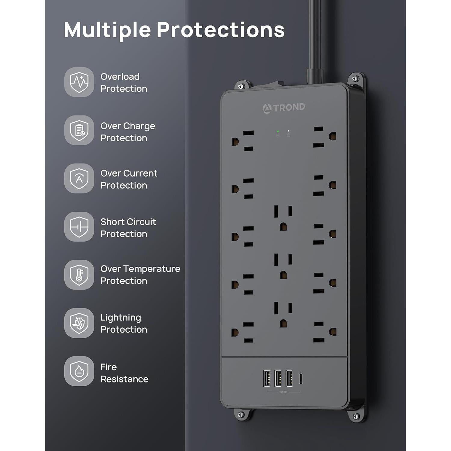 Regleta TROND 13 Salidas AC y 4 USB, 4000 Julios, 1.5m