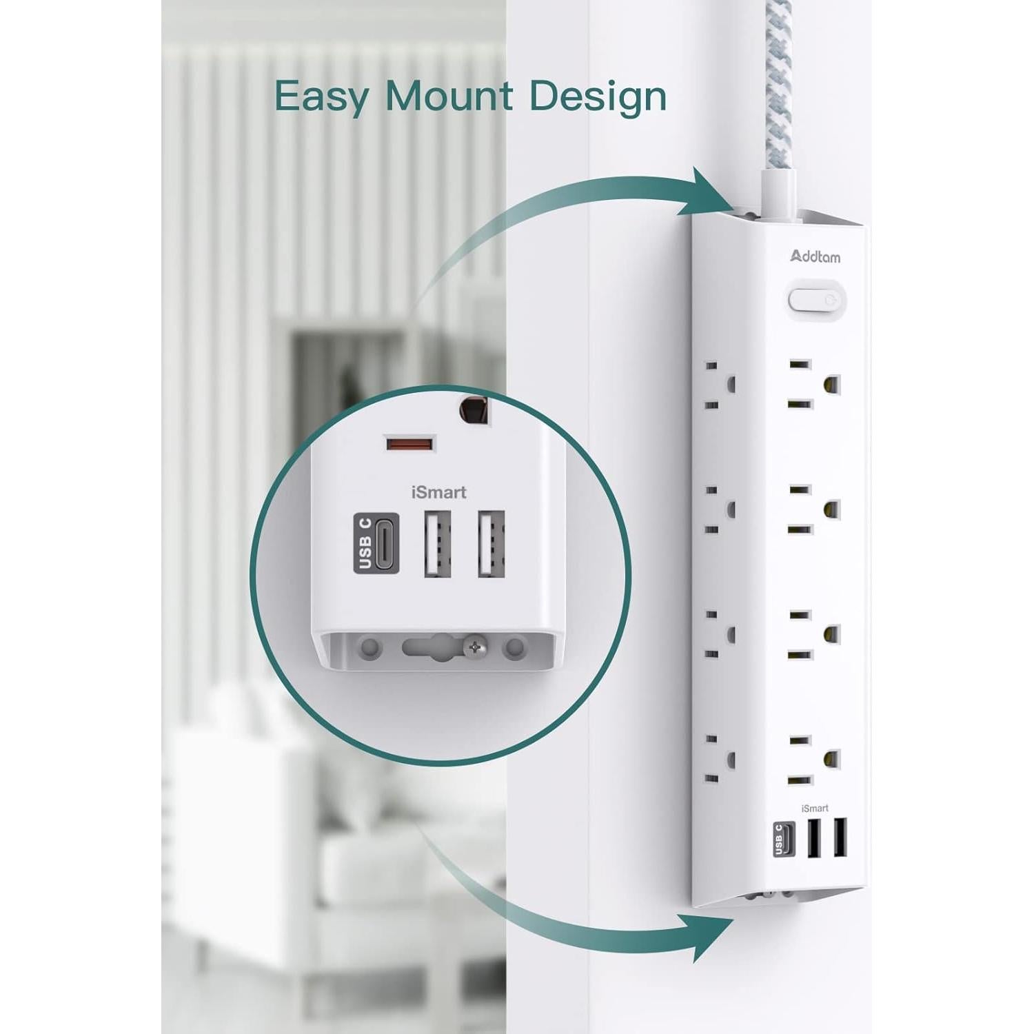 Regleta de Protección Addtam 3m 12 Salidas AC 3 USB Montable