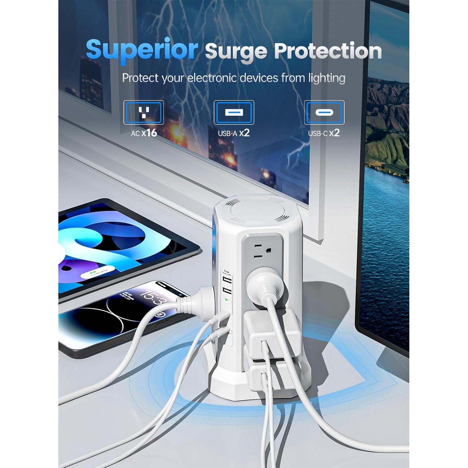 Regleta de Torre Farakara con 16 Salidas AC y 4 USB 20W