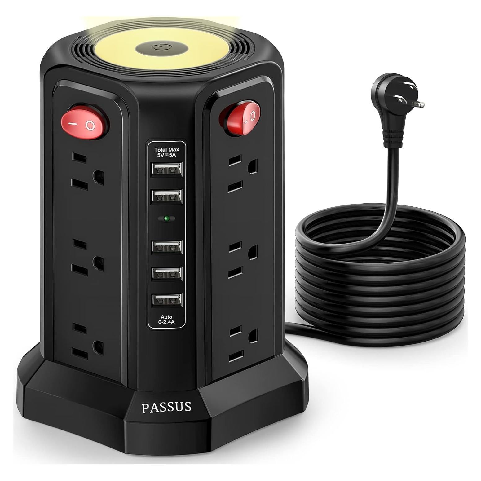 Torre de Regleta de Sobretensión PASSUS 12 Salidas AC 5 USB 3.05m