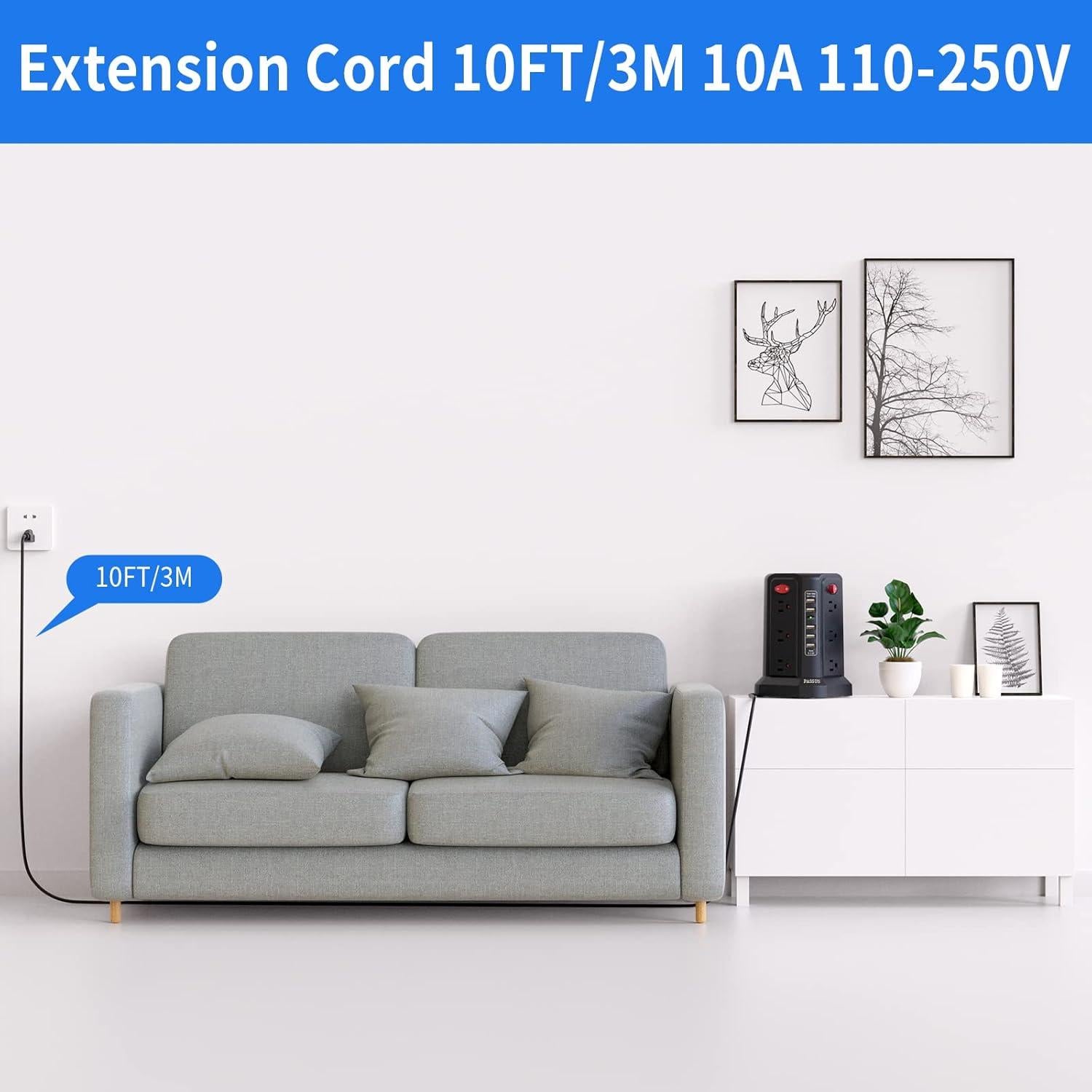 Torre de Regleta de Sobretensión PASSUS 12 Salidas AC 5 USB 3.05m