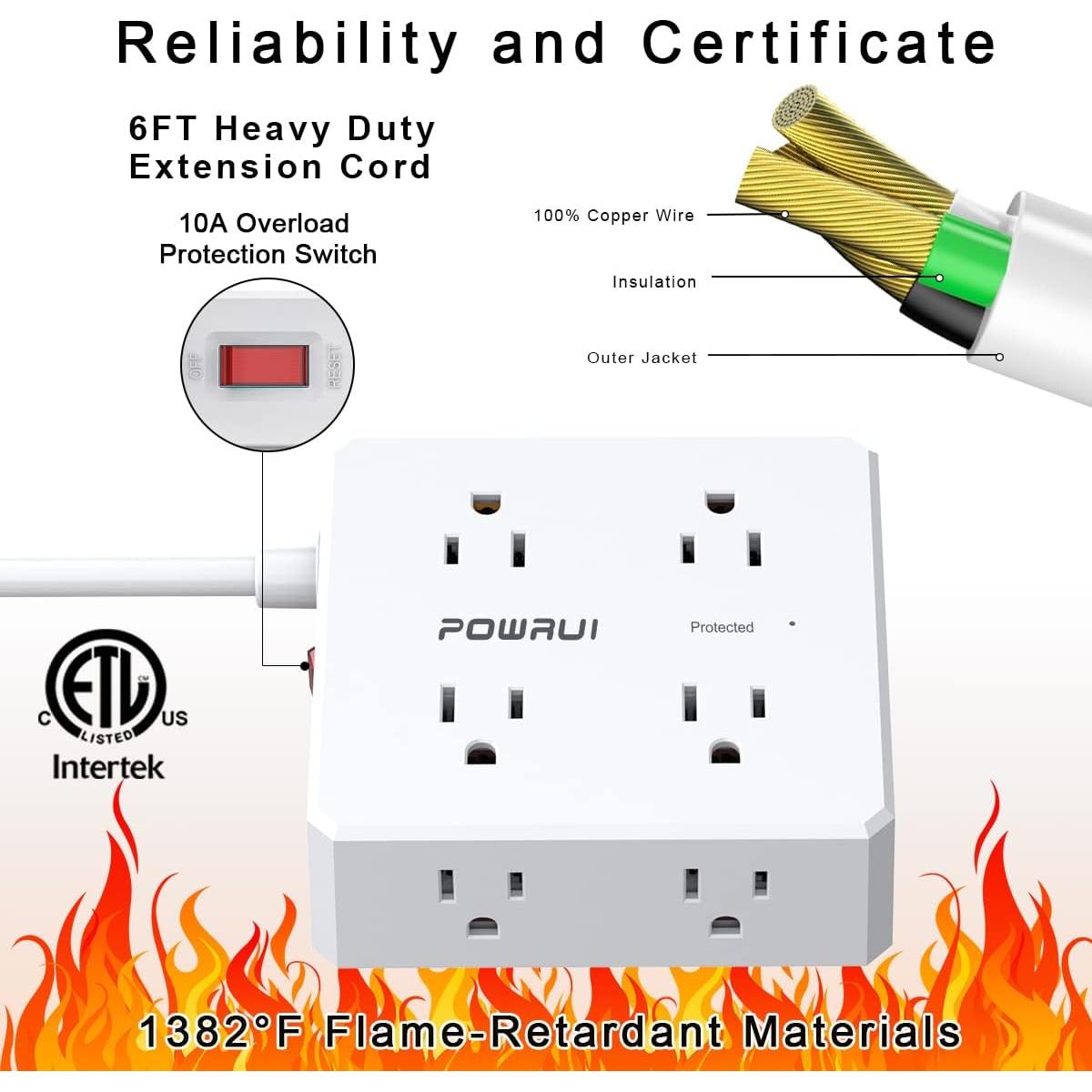 Regleta de Protección POWRUI AHR-803B 8 Salidas 4 USB Blanco