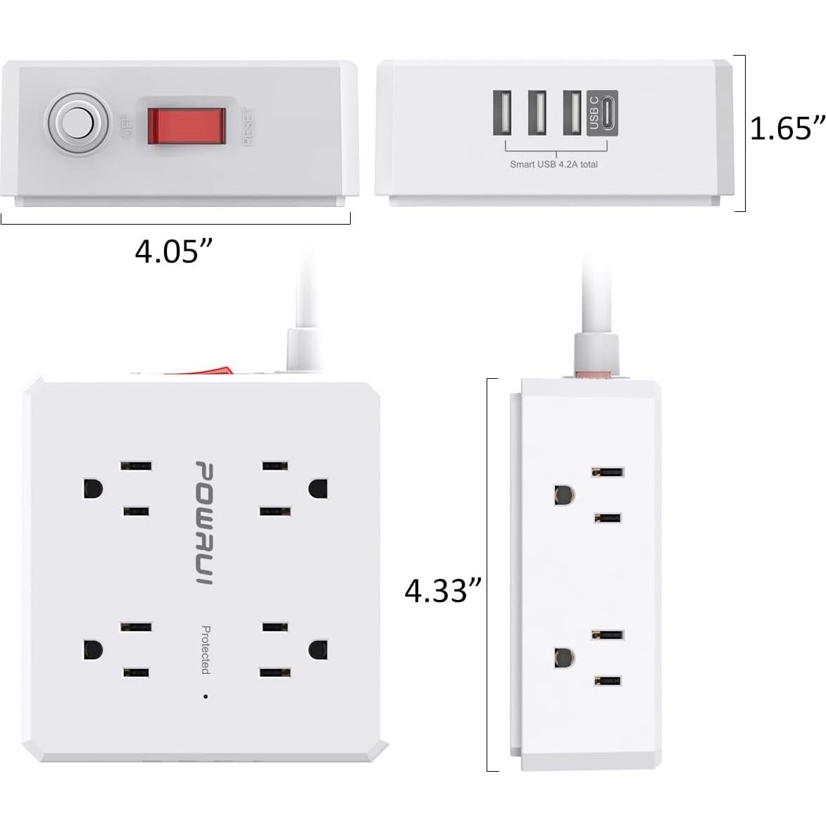 Regleta de Protección POWRUI AHR-803B 8 Salidas 4 USB Blanco