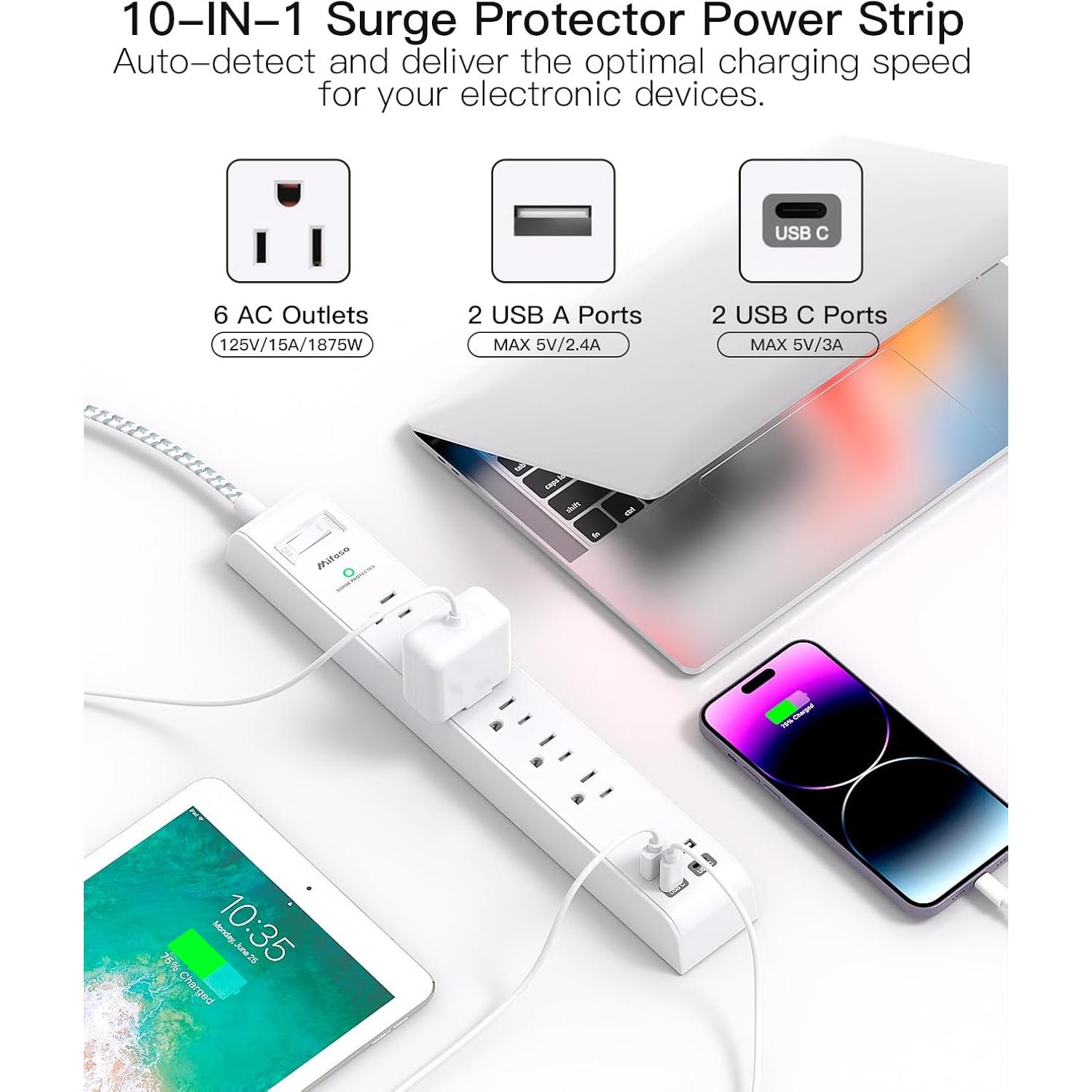 Regleta de Protección MIFASOPOWER 10FT 6 Salidas AC 4 USB