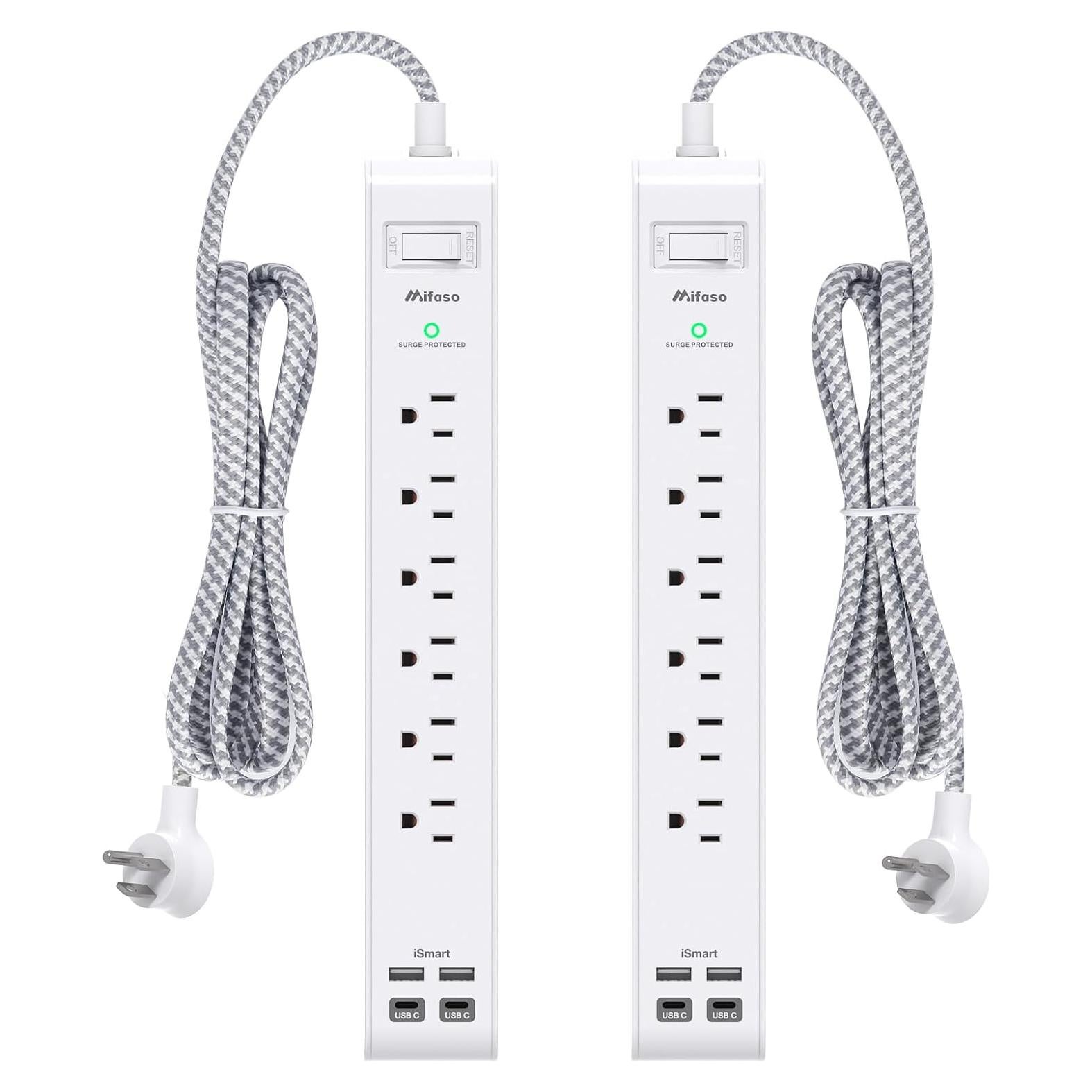 Paquete de 2 Regletas de Energía Mifaso 3.66 m con 6 Salidas y 4 USB