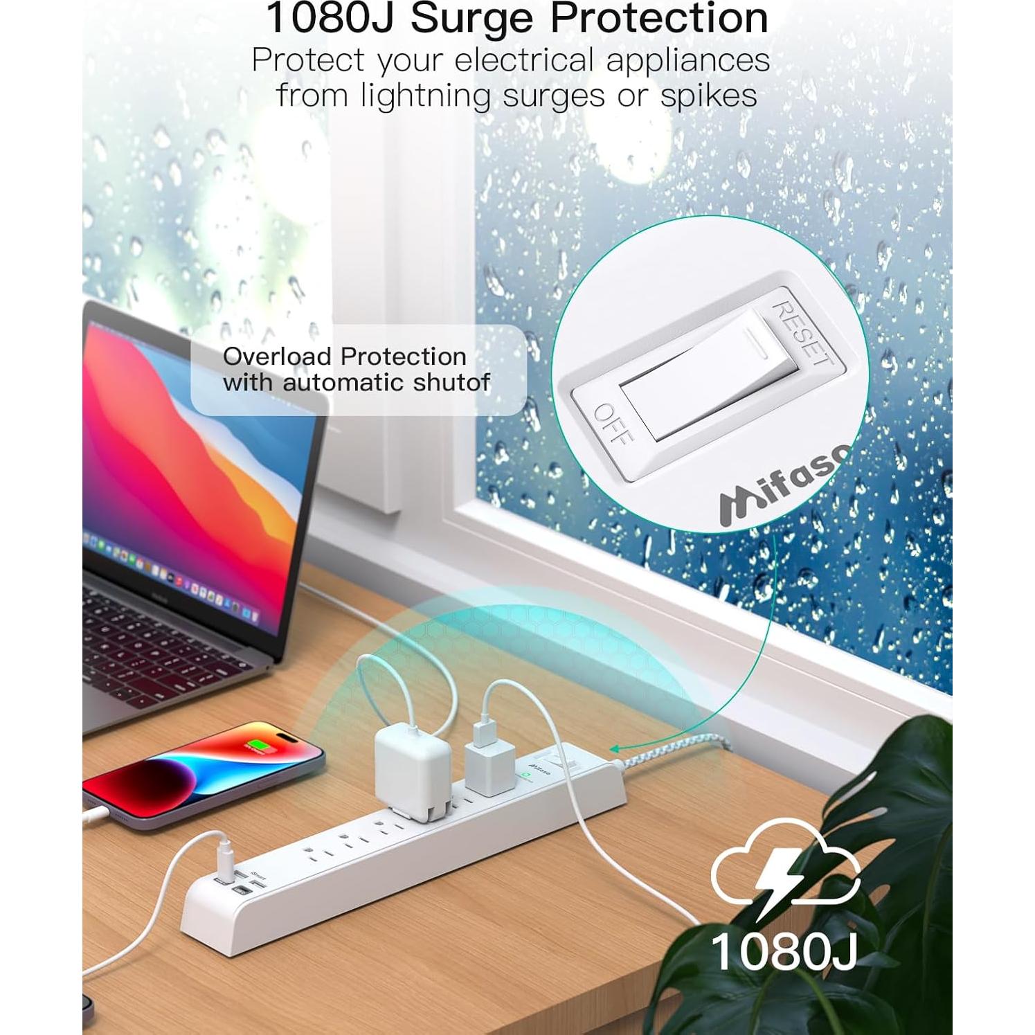 Paquete de 2 Regletas de Energía Mifaso 3.66 m con 6 Salidas y 4 USB