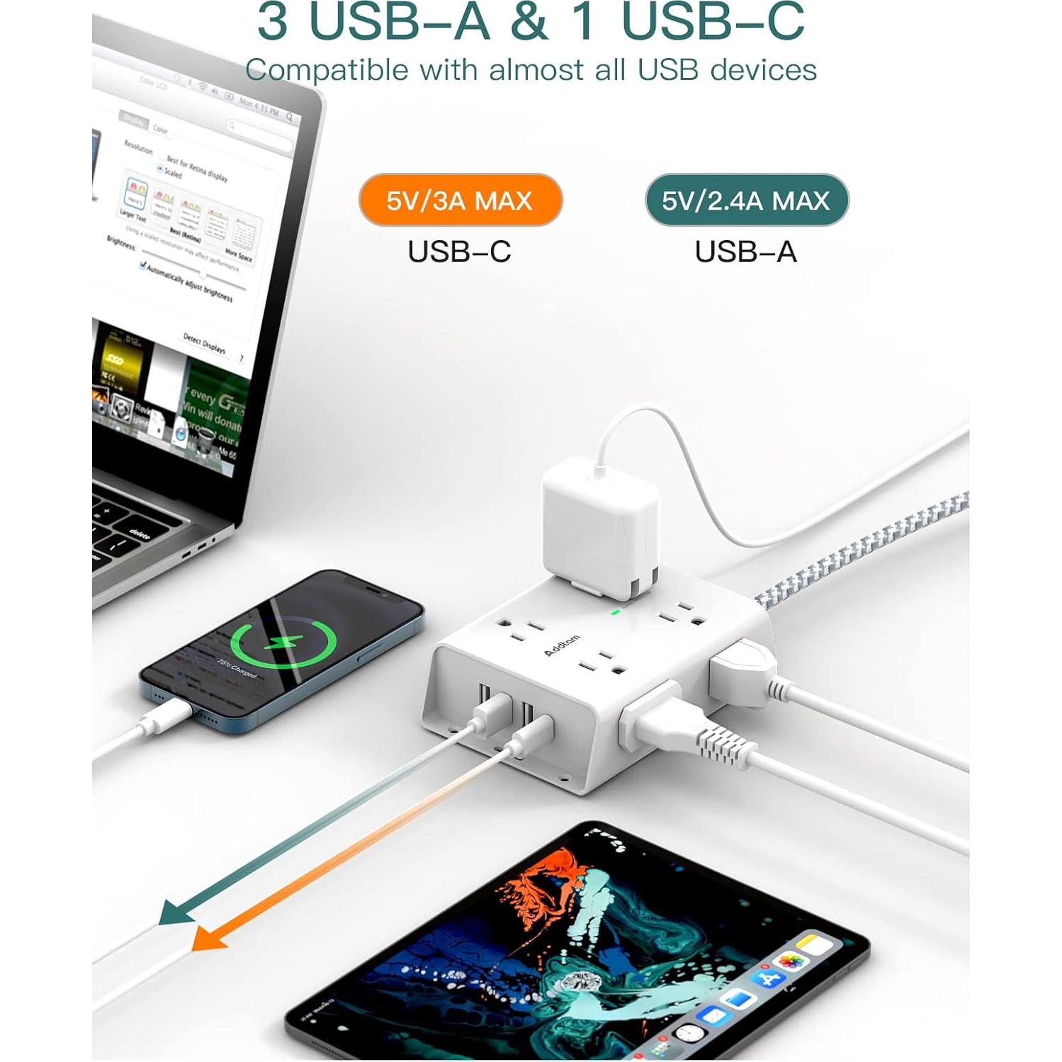 Regleta de Sobretensión Addtam 8 Salidas 4 USB C 5 Pies