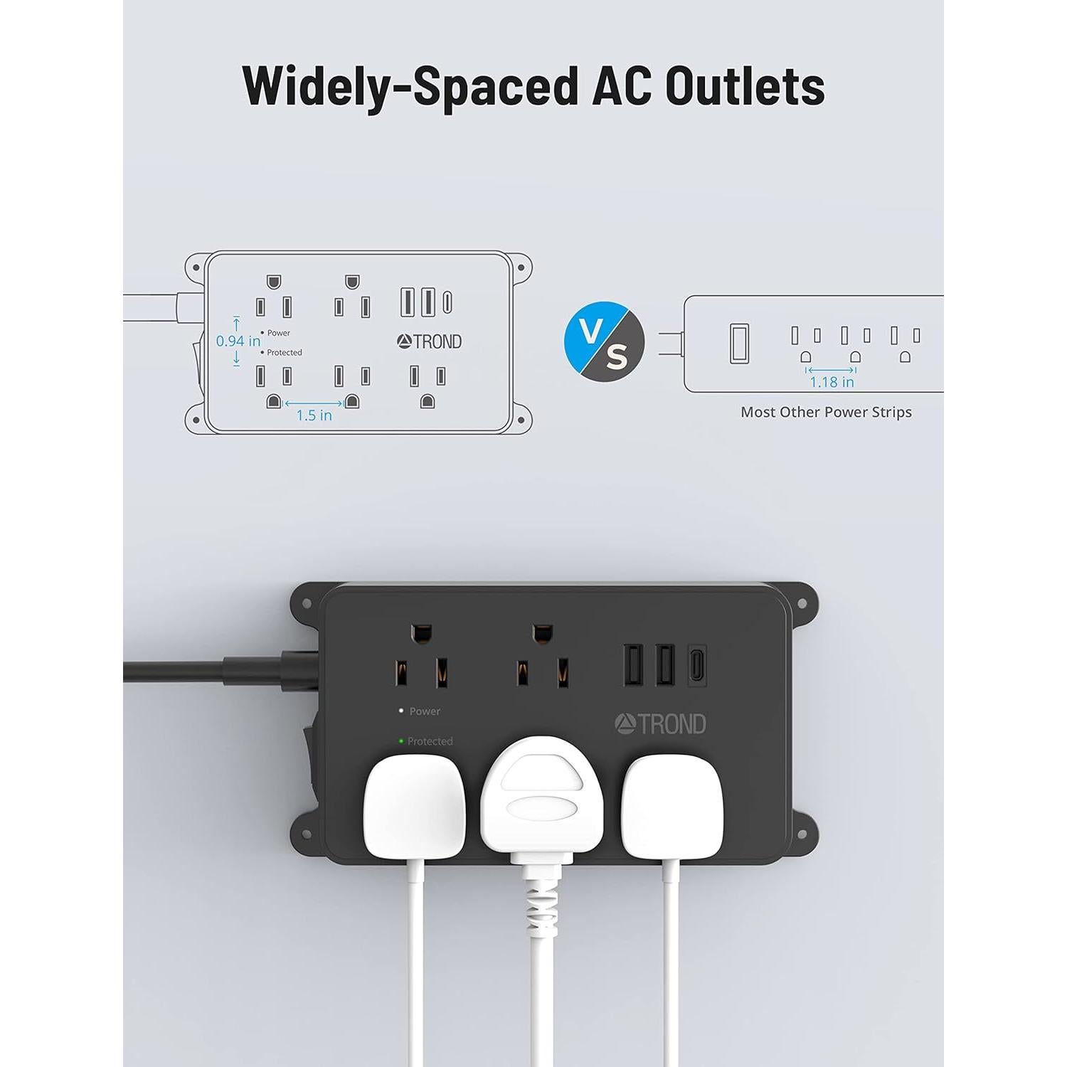 Regleta TROND con 5 Salidas y 3 Puertos USB, 1.5m, Negro