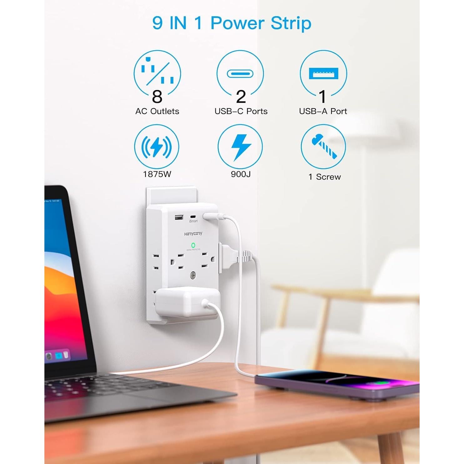 Extensor de Enchufe HANYCONY 8 Salidas 3 USB C 900J