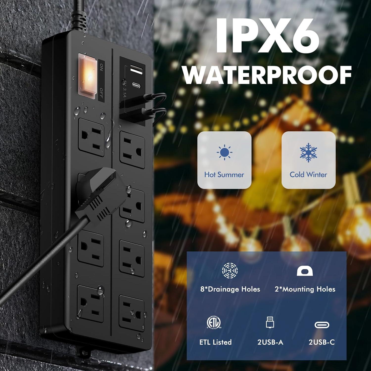 Toma de Corriente Exterior VNJ 8 Salidas AC + 4 USB IPX6 15FT