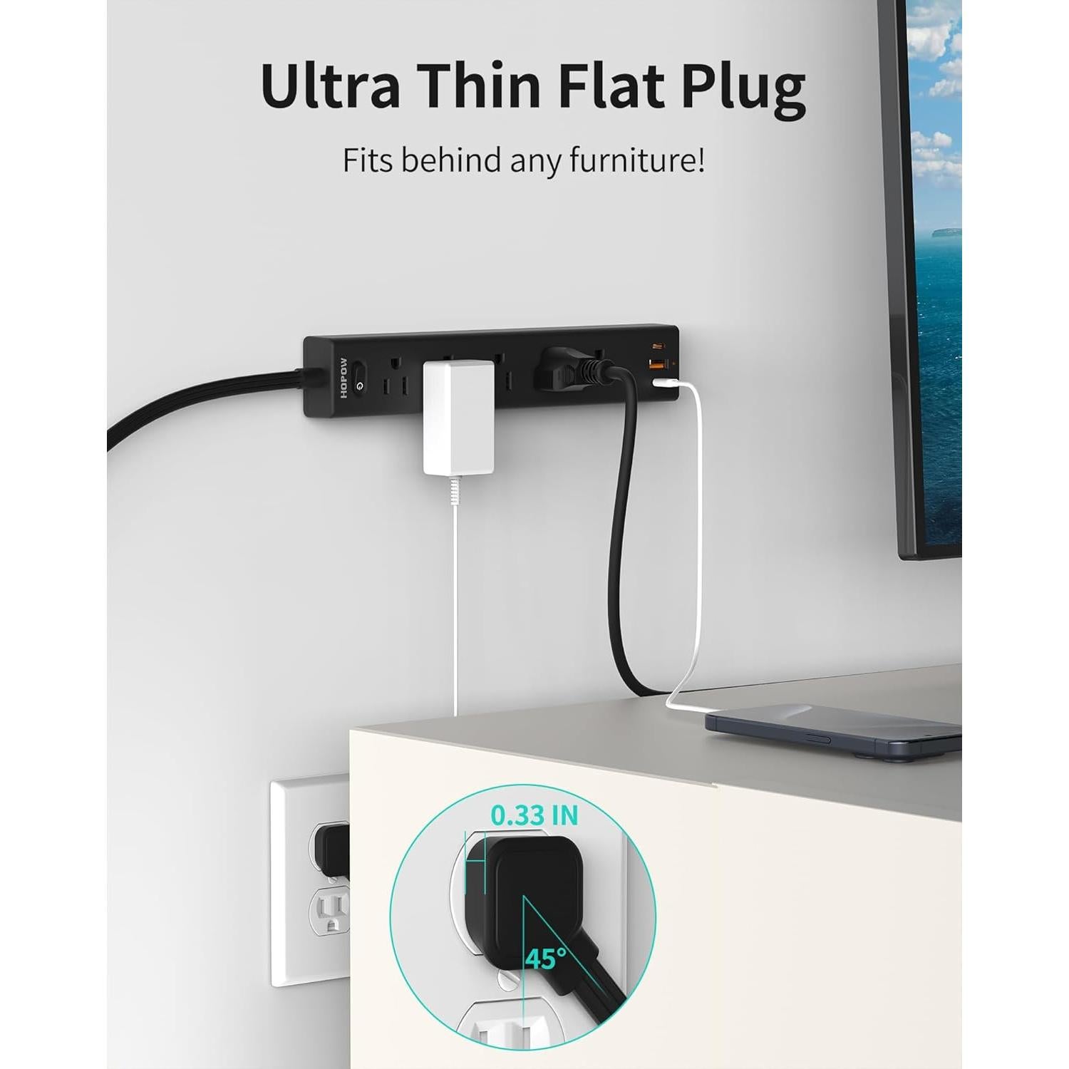 Regleta de Enchufes Plana HOPOW 1.83m 2 Paquete 5 Salidas 3 USB