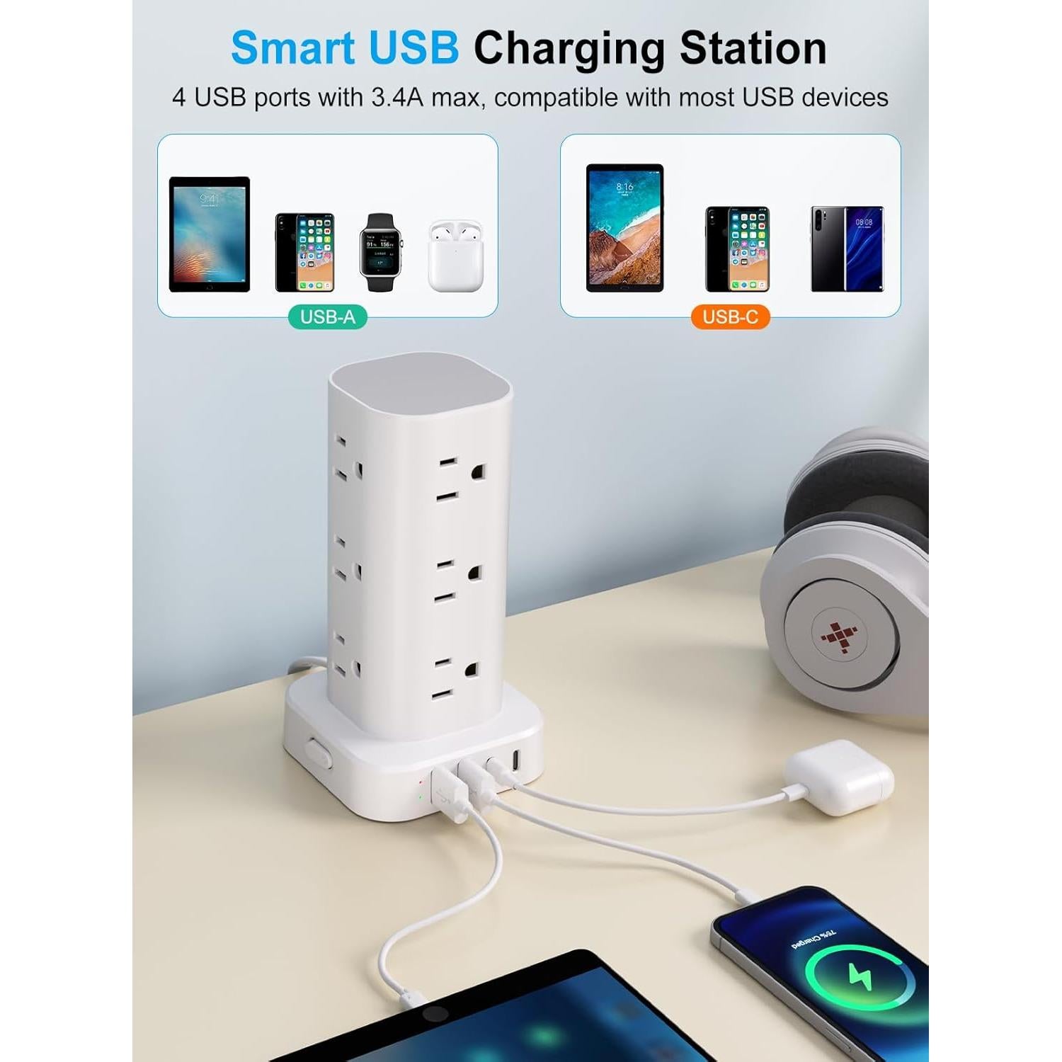 Torre de Regleta de Energía UWIWUTEI 16 en 1 con USB 1.83m